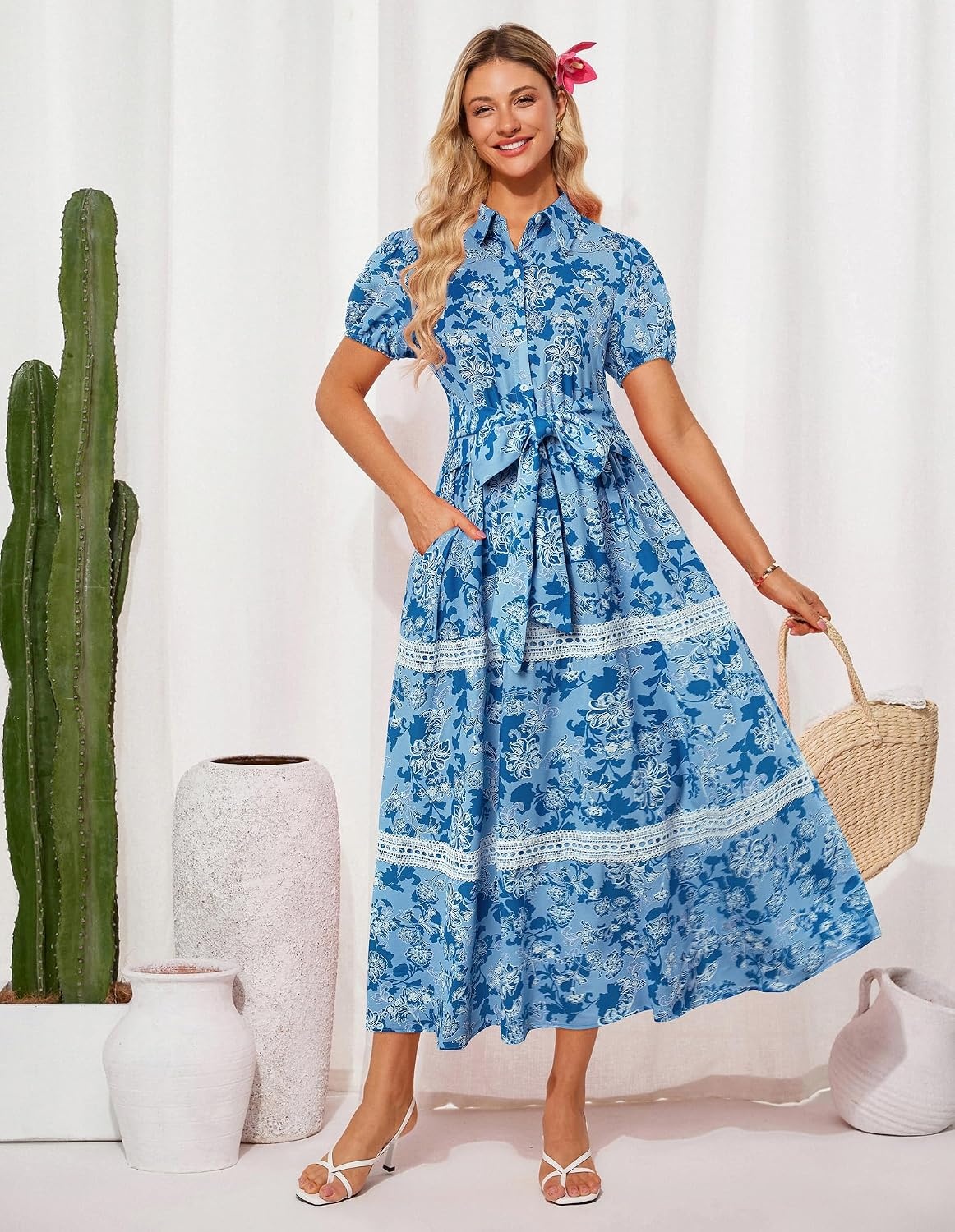 image:imageGRACE KARIN Womens 2026 Summer Floral Maxi Dresses 2 Pocket Flowy Bohemian A Line Tie Belt Short Puff Sleeve Shirt Collar Lightweight Vacation Easter Wedding ShowerBlue Floral