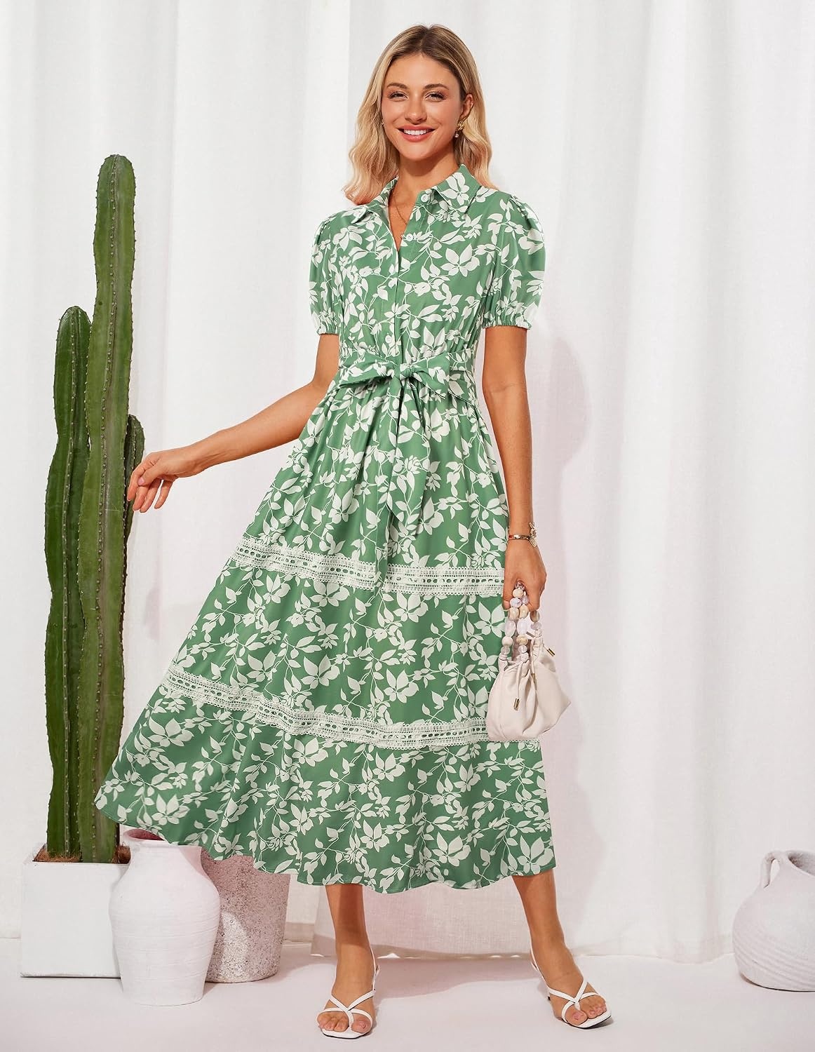 image:imageGRACE KARIN Womens 2026 Summer Floral Maxi Dresses 2 Pocket Flowy Bohemian A Line Tie Belt Short Puff Sleeve Shirt Collar Lightweight Vacation Easter Wedding ShowerGreen White Leaf