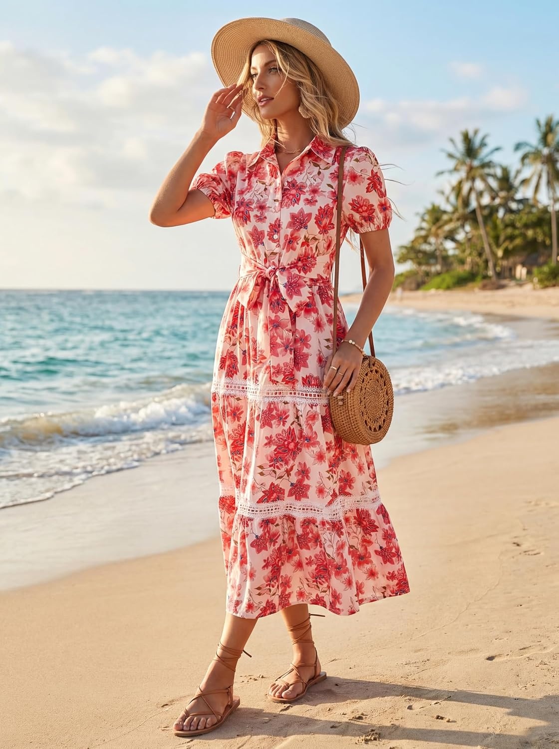 image:imageGRACE KARIN Womens 2026 Summer Floral Maxi Dresses 2 Pocket Flowy Bohemian A Line Tie Belt Short Puff Sleeve Shirt Collar Lightweight Vacation Easter Wedding ShowerRed Floral
