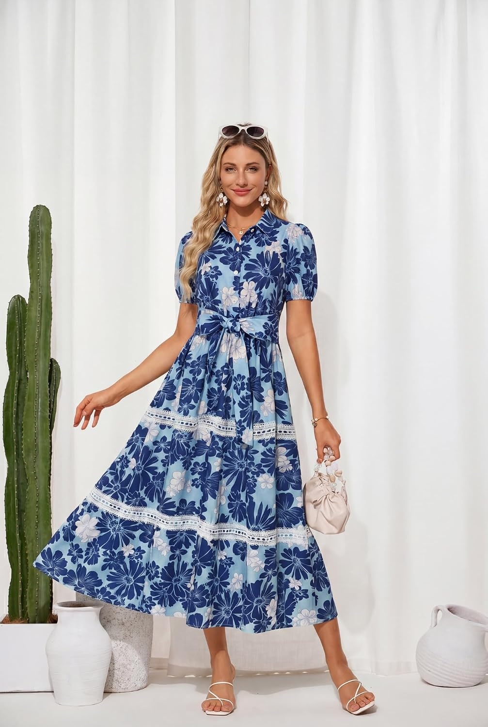 image:imageGRACE KARIN Womens 2026 Summer Floral Maxi Dresses 2 Pocket Flowy Bohemian A Line Tie Belt Short Puff Sleeve Shirt Collar Lightweight Vacation Easter Wedding ShowerNavy Flower