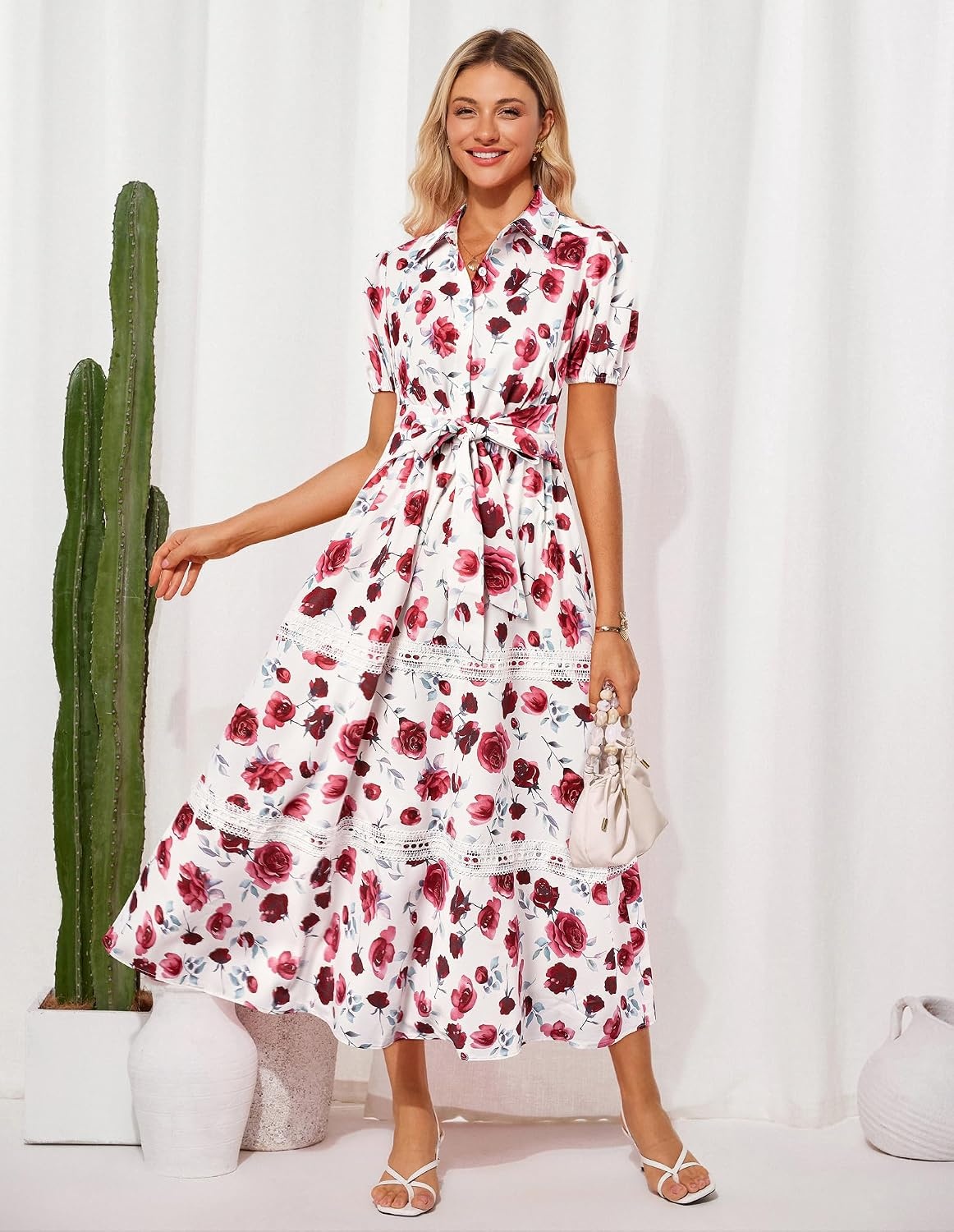 image:imageGRACE KARIN Womens 2026 Summer Floral Maxi Dresses 2 Pocket Flowy Bohemian A Line Tie Belt Short Puff Sleeve Shirt Collar Lightweight Vacation Easter Wedding ShowerRose