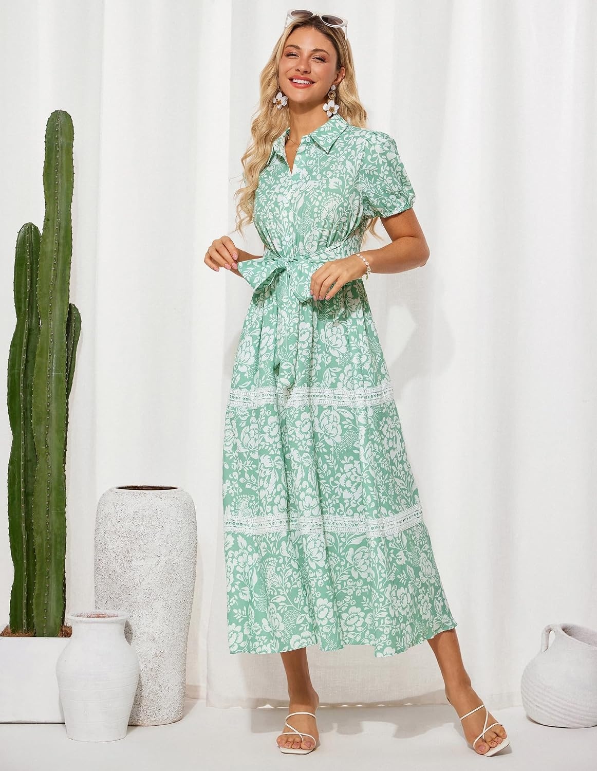 image:imageGRACE KARIN Womens 2026 Summer Floral Maxi Dresses 2 Pocket Flowy Bohemian A Line Tie Belt Short Puff Sleeve Shirt Collar Lightweight Vacation Easter Wedding ShowerGreen White