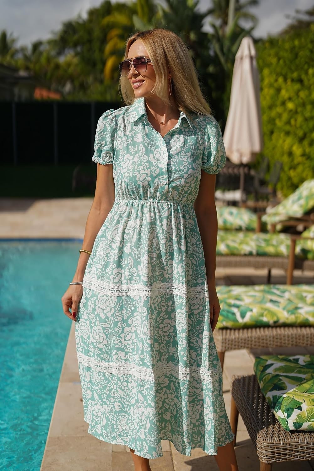 image:imageGRACE KARIN Womens 2026 Summer Floral Maxi Dresses 2 Pocket Flowy Bohemian A Line Tie Belt Short Puff Sleeve Shirt Collar Lightweight Vacation Easter Wedding ShowerGreen White