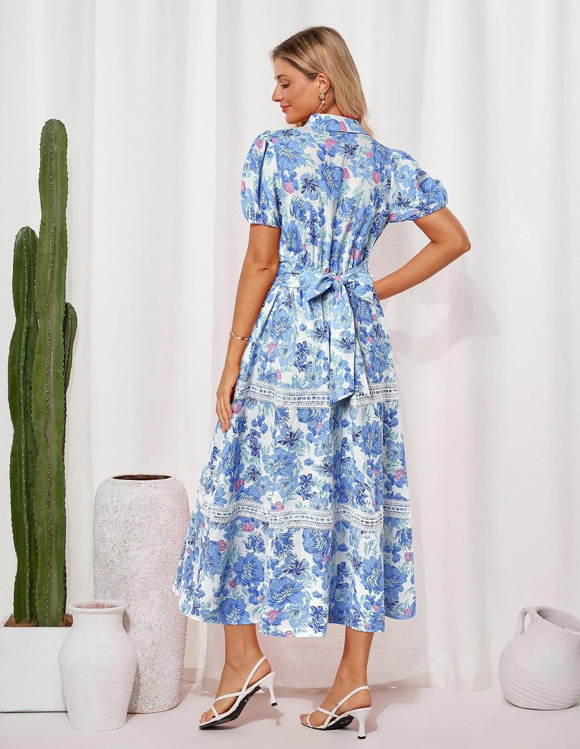 image:imageGRACE KARIN Womens 2026 Summer Floral Maxi Dresses 2 Pocket Flowy Bohemian A Line Tie Belt Short Puff Sleeve Shirt Collar Lightweight Vacation Easter Wedding ShowerBlue Pink