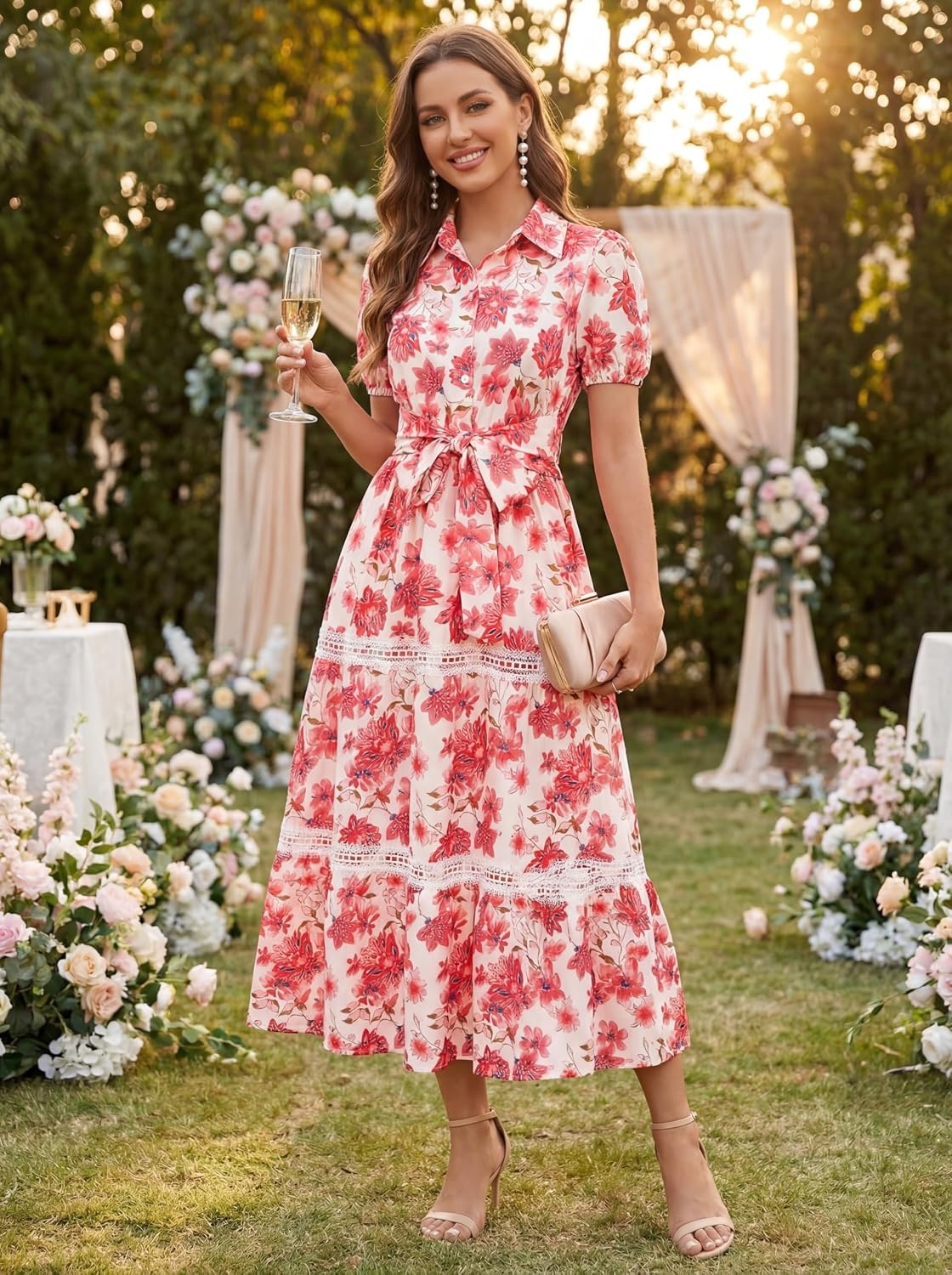 image:imageGRACE KARIN Womens 2026 Summer Floral Maxi Dresses 2 Pocket Flowy Bohemian A Line Tie Belt Short Puff Sleeve Shirt Collar Lightweight Vacation Easter Wedding ShowerRed Floral