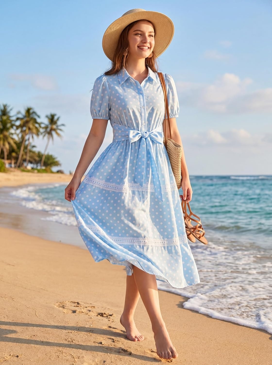 image:imageGRACE KARIN Womens 2026 Summer Floral Maxi Dresses 2 Pocket Flowy Bohemian A Line Tie Belt Short Puff Sleeve Shirt Collar Lightweight Vacation Easter Wedding ShowerBlue Dot