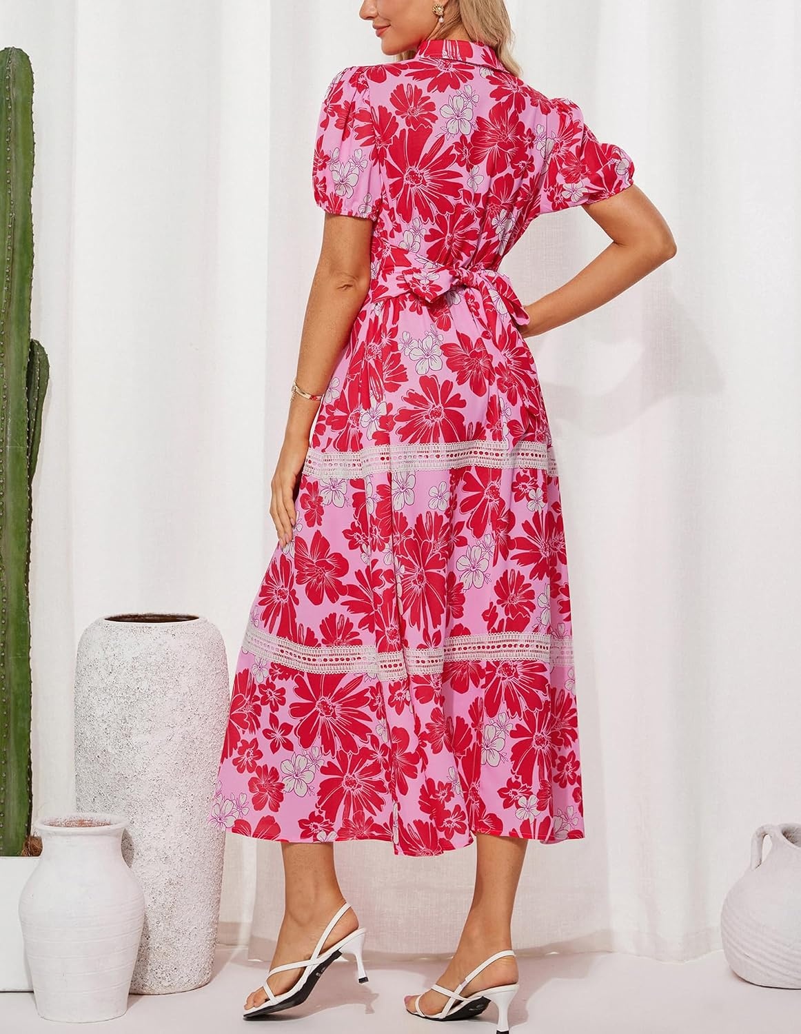 image:imageGRACE KARIN Womens 2026 Summer Floral Maxi Dresses 2 Pocket Flowy Bohemian A Line Tie Belt Short Puff Sleeve Shirt Collar Lightweight Vacation Easter Wedding ShowerPink Red