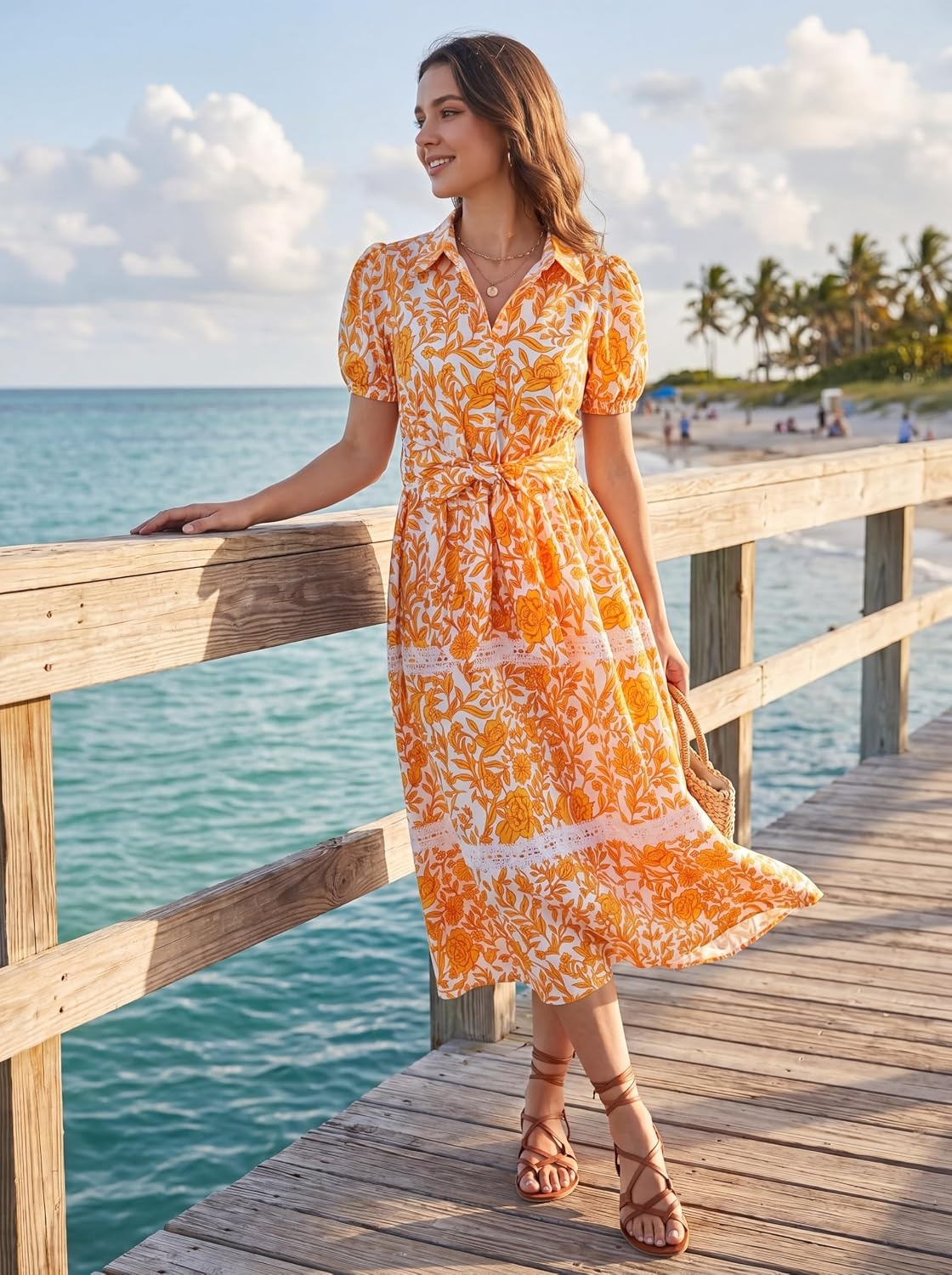 image:imageGRACE KARIN Womens 2026 Summer Floral Maxi Dresses 2 Pocket Flowy Bohemian A Line Tie Belt Short Puff Sleeve Shirt Collar Lightweight Vacation Easter Wedding ShowerWhite Orange