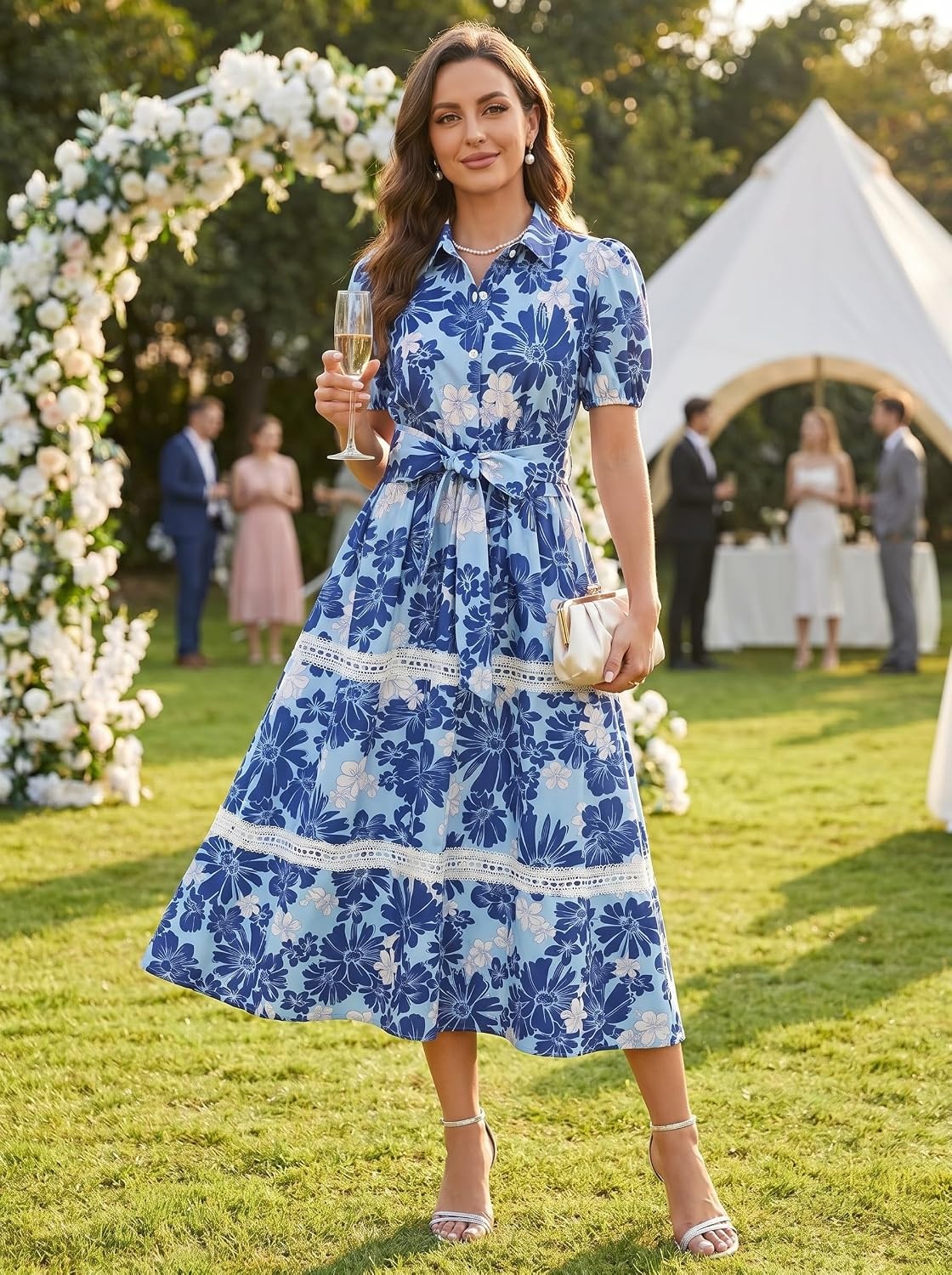 image:imageGRACE KARIN Womens 2026 Summer Floral Maxi Dresses 2 Pocket Flowy Bohemian A Line Tie Belt Short Puff Sleeve Shirt Collar Lightweight Vacation Easter Wedding ShowerNavy Flower