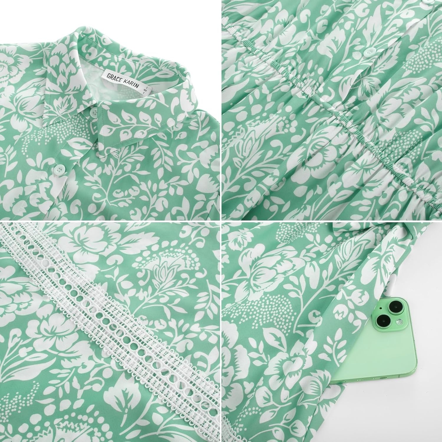 image:imageGRACE KARIN Womens 2026 Summer Floral Maxi Dresses 2 Pocket Flowy Bohemian A Line Tie Belt Short Puff Sleeve Shirt Collar Lightweight Vacation Easter Wedding ShowerGreen White