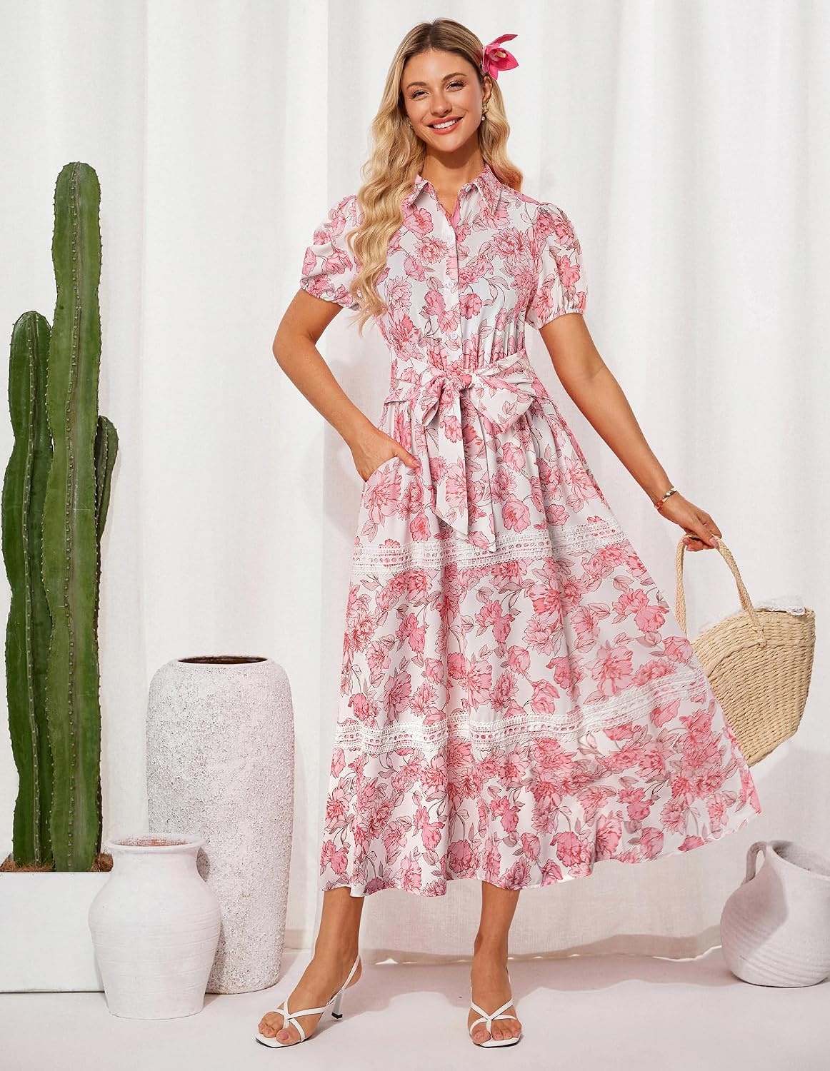 image:imageGRACE KARIN Womens 2026 Summer Floral Maxi Dresses 2 Pocket Flowy Bohemian A Line Tie Belt Short Puff Sleeve Shirt Collar Lightweight Vacation Easter Wedding ShowerPink Floral