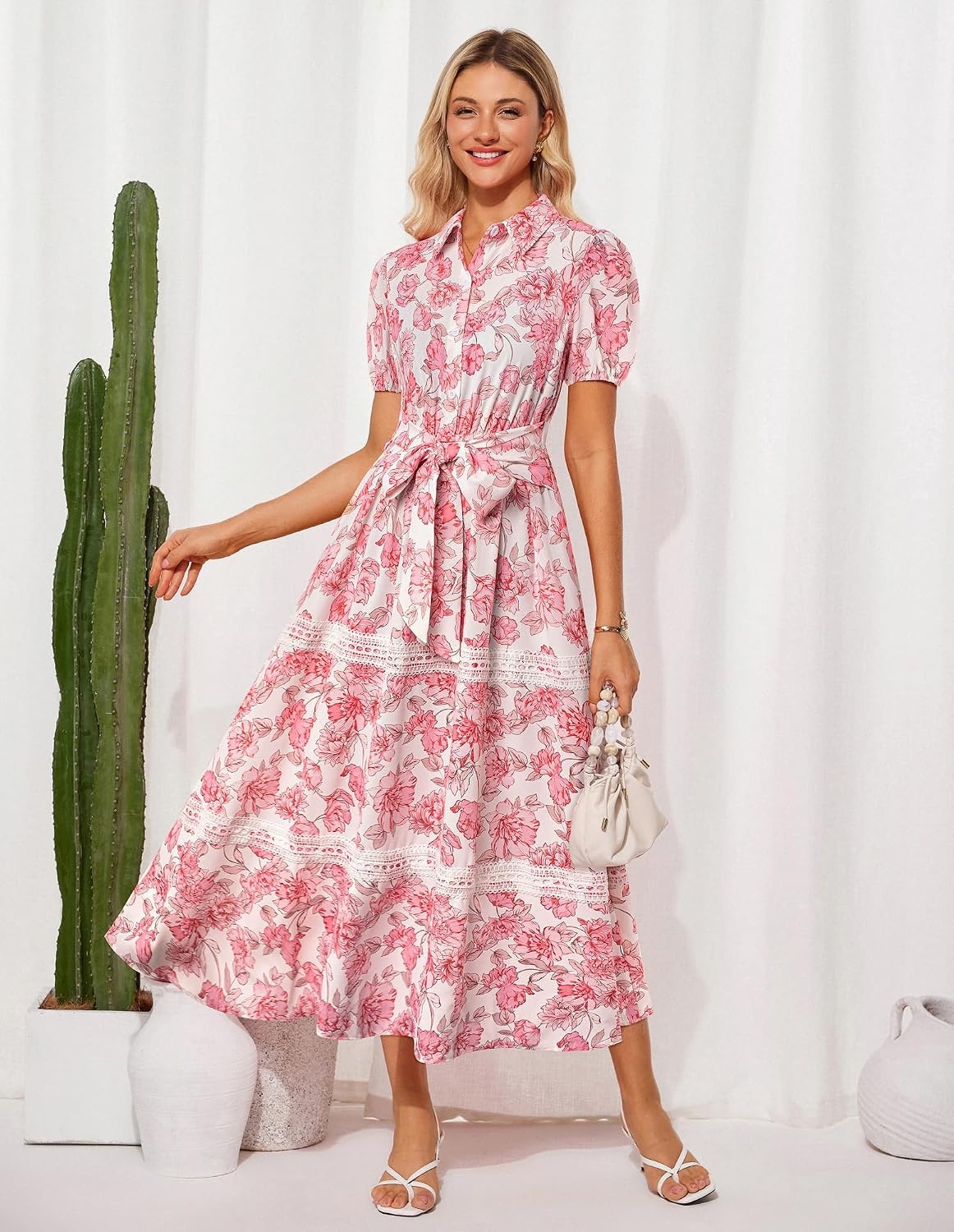image:imageGRACE KARIN Womens 2026 Summer Floral Maxi Dresses 2 Pocket Flowy Bohemian A Line Tie Belt Short Puff Sleeve Shirt Collar Lightweight Vacation Easter Wedding ShowerPink Floral