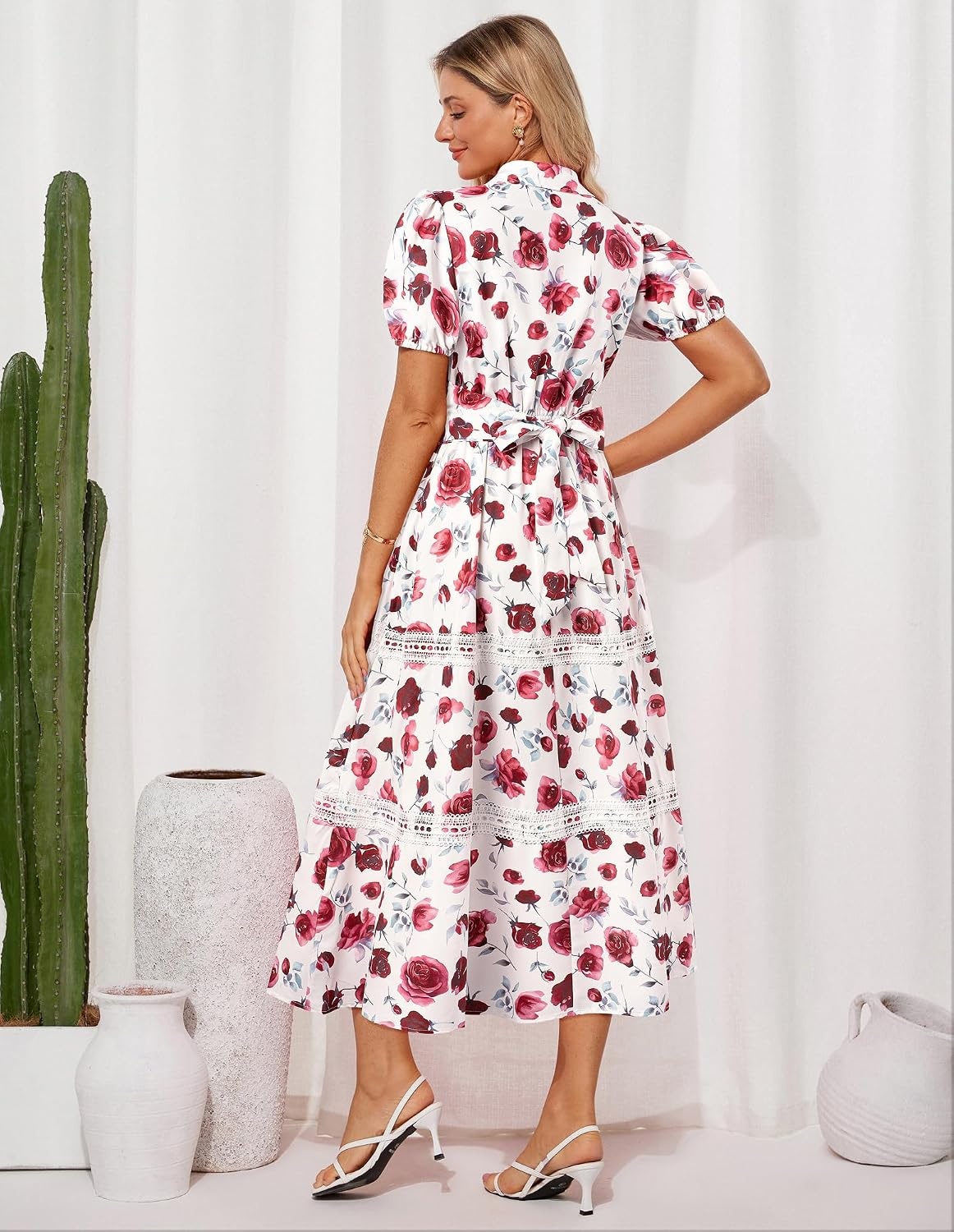 image:imageGRACE KARIN Womens 2026 Summer Floral Maxi Dresses 2 Pocket Flowy Bohemian A Line Tie Belt Short Puff Sleeve Shirt Collar Lightweight Vacation Easter Wedding ShowerRose