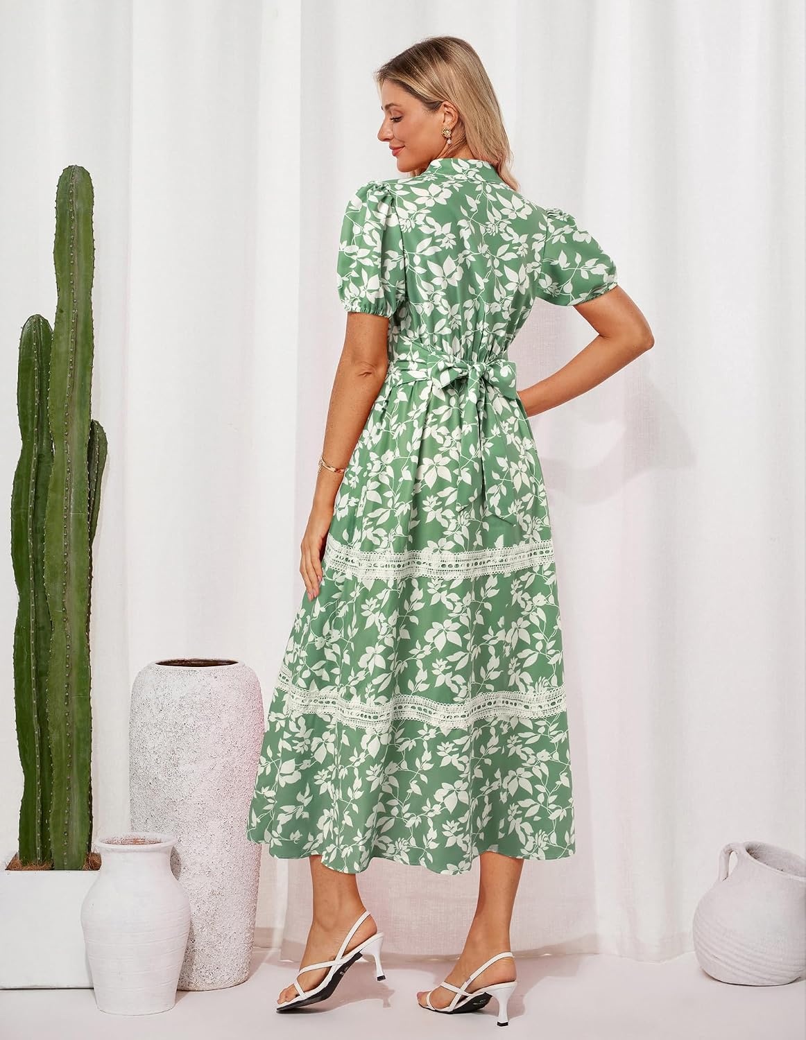 image:imageGRACE KARIN Womens 2026 Summer Floral Maxi Dresses 2 Pocket Flowy Bohemian A Line Tie Belt Short Puff Sleeve Shirt Collar Lightweight Vacation Easter Wedding ShowerGreen White Leaf