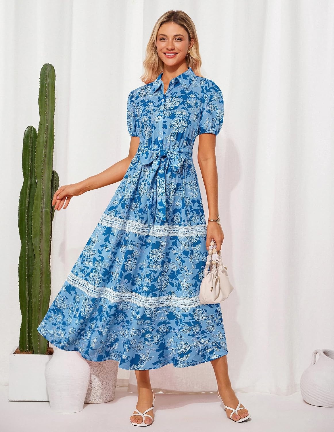 image:imageGRACE KARIN Womens 2026 Summer Floral Maxi Dresses 2 Pocket Flowy Bohemian A Line Tie Belt Short Puff Sleeve Shirt Collar Lightweight Vacation Easter Wedding ShowerBlue Floral