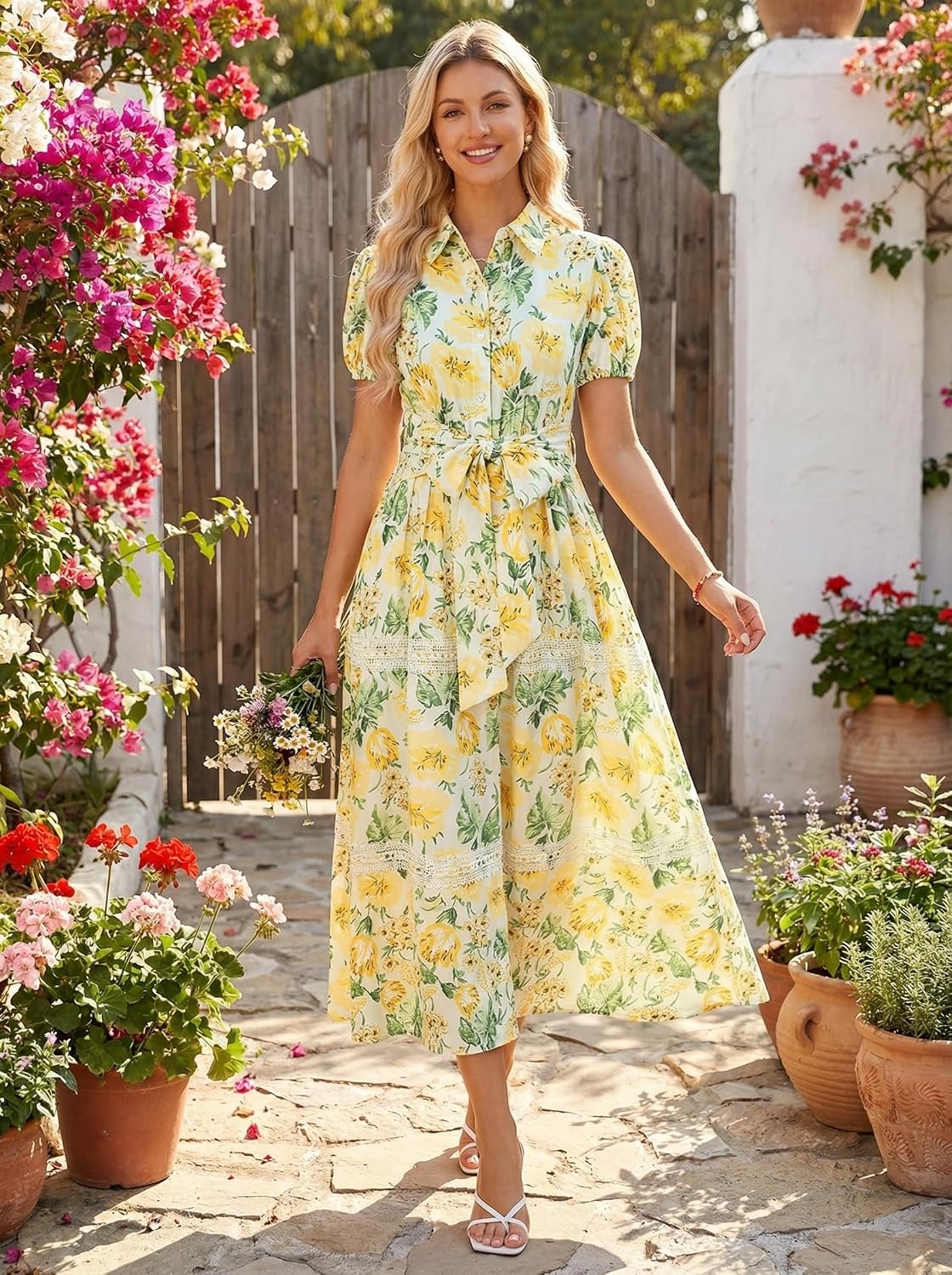 image:imageGRACE KARIN Womens 2026 Summer Floral Maxi Dresses 2 Pocket Flowy Bohemian A Line Tie Belt Short Puff Sleeve Shirt Collar Lightweight Vacation Easter Wedding ShowerYellow Green