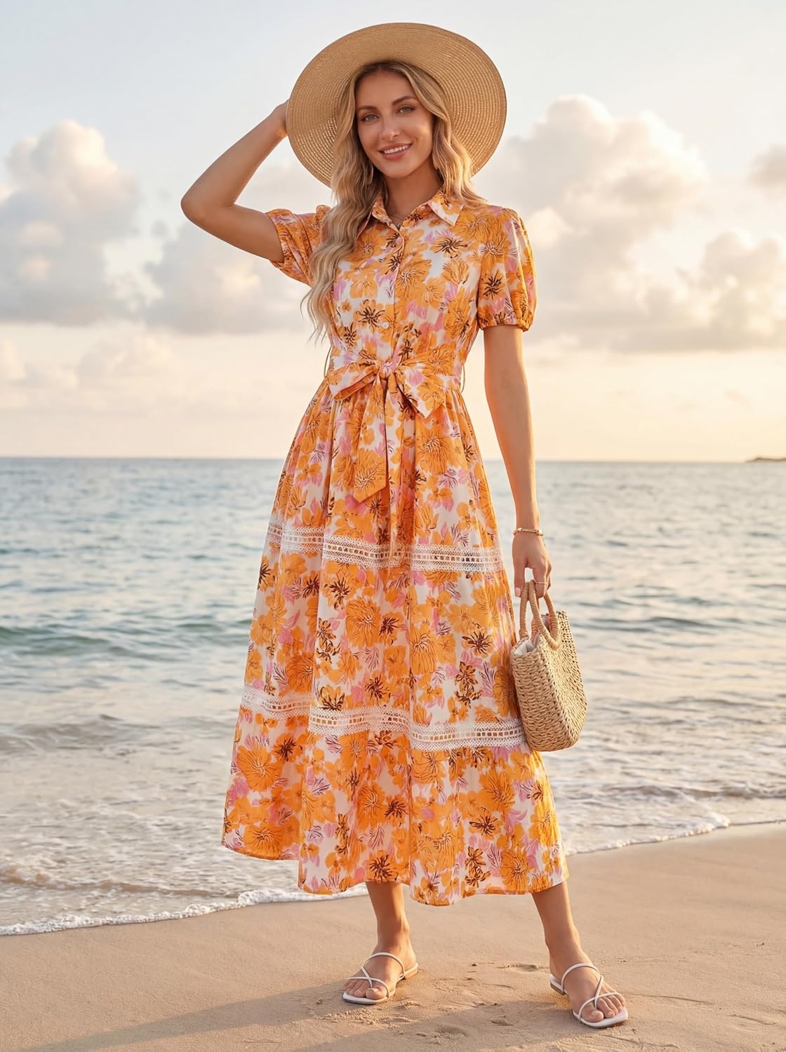 image:imageGRACE KARIN Womens 2026 Summer Floral Maxi Dresses 2 Pocket Flowy Bohemian A Line Tie Belt Short Puff Sleeve Shirt Collar Lightweight Vacation Easter Wedding ShowerOrange