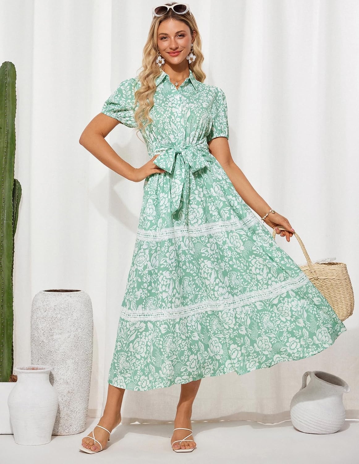 image:imageGRACE KARIN Womens 2026 Summer Floral Maxi Dresses 2 Pocket Flowy Bohemian A Line Tie Belt Short Puff Sleeve Shirt Collar Lightweight Vacation Easter Wedding ShowerGreen White