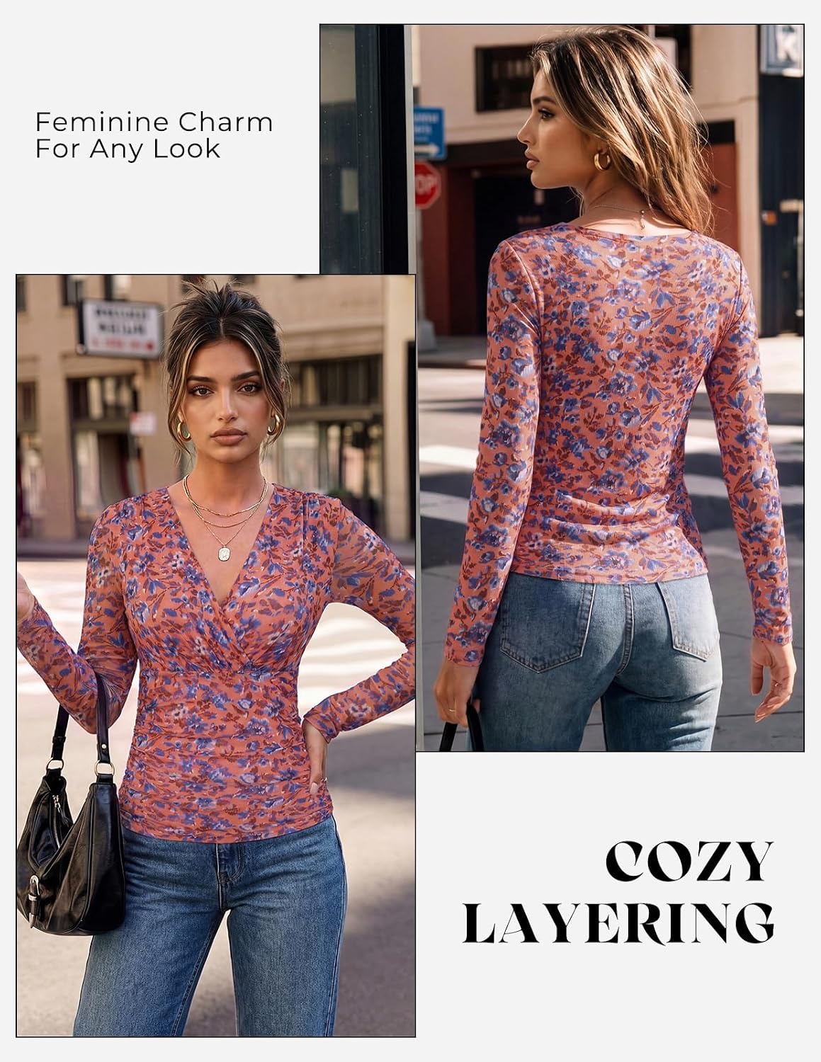 image:imageGRACE KARIN Womens Boho Mesh Tops Long Sleeve Blouses Dressy Casual Wrap V Neck Floral Tops Ruched Waist 2026 Fall Fashion Clothes Elegant Going Out TopsCoral Orange