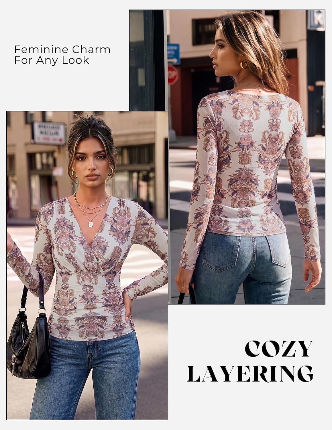image:imageGRACE KARIN Womens Boho Mesh Tops Long Sleeve Blouses Dressy Casual Wrap V Neck Floral Tops Ruched Waist 2026 Fall Fashion Clothes Elegant Going Out TopsFolk Floral