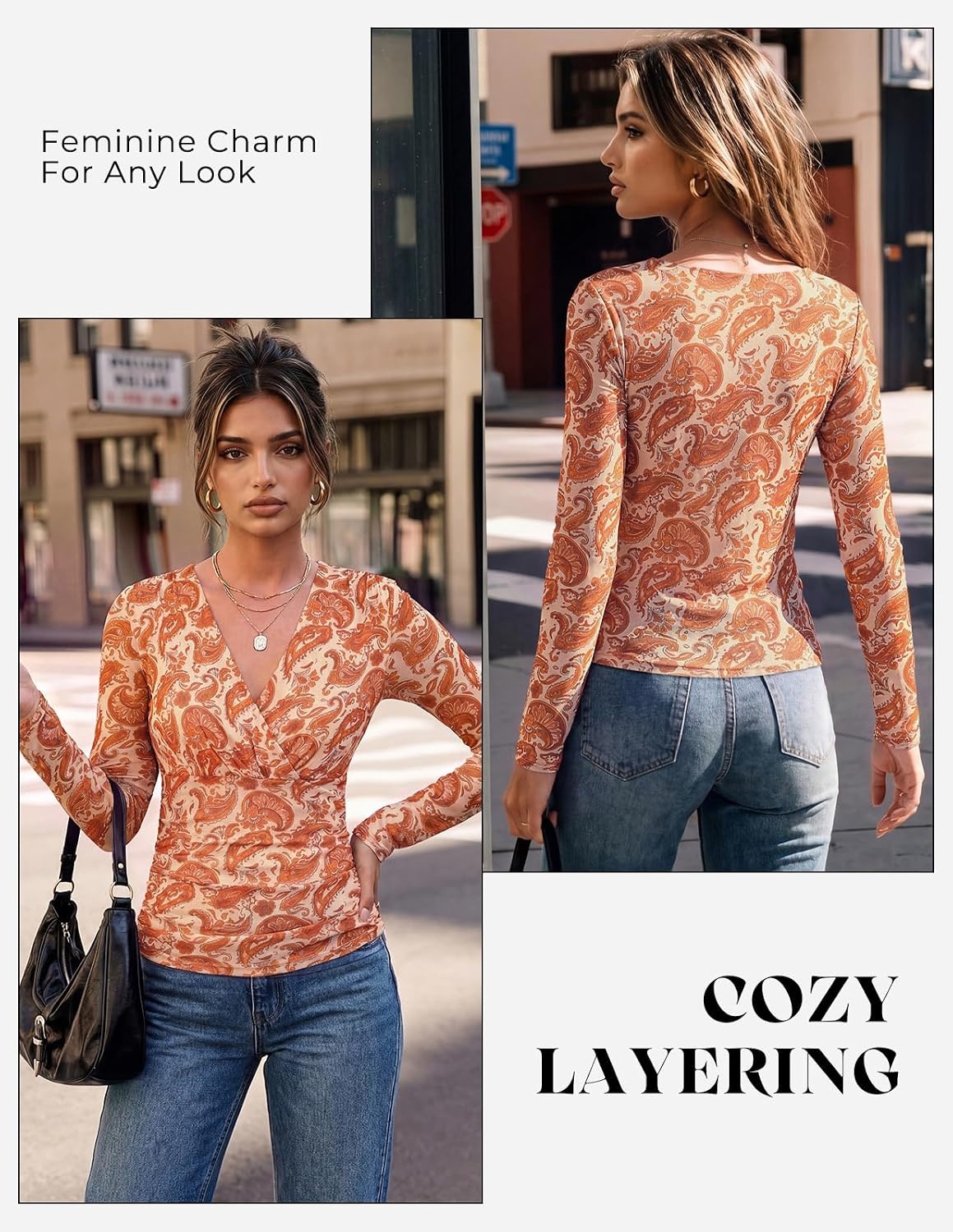 image:imageGRACE KARIN Womens Boho Mesh Tops Long Sleeve Blouses Dressy Casual Wrap V Neck Floral Tops Ruched Waist 2026 Fall Fashion Clothes Elegant Going Out TopsOrange