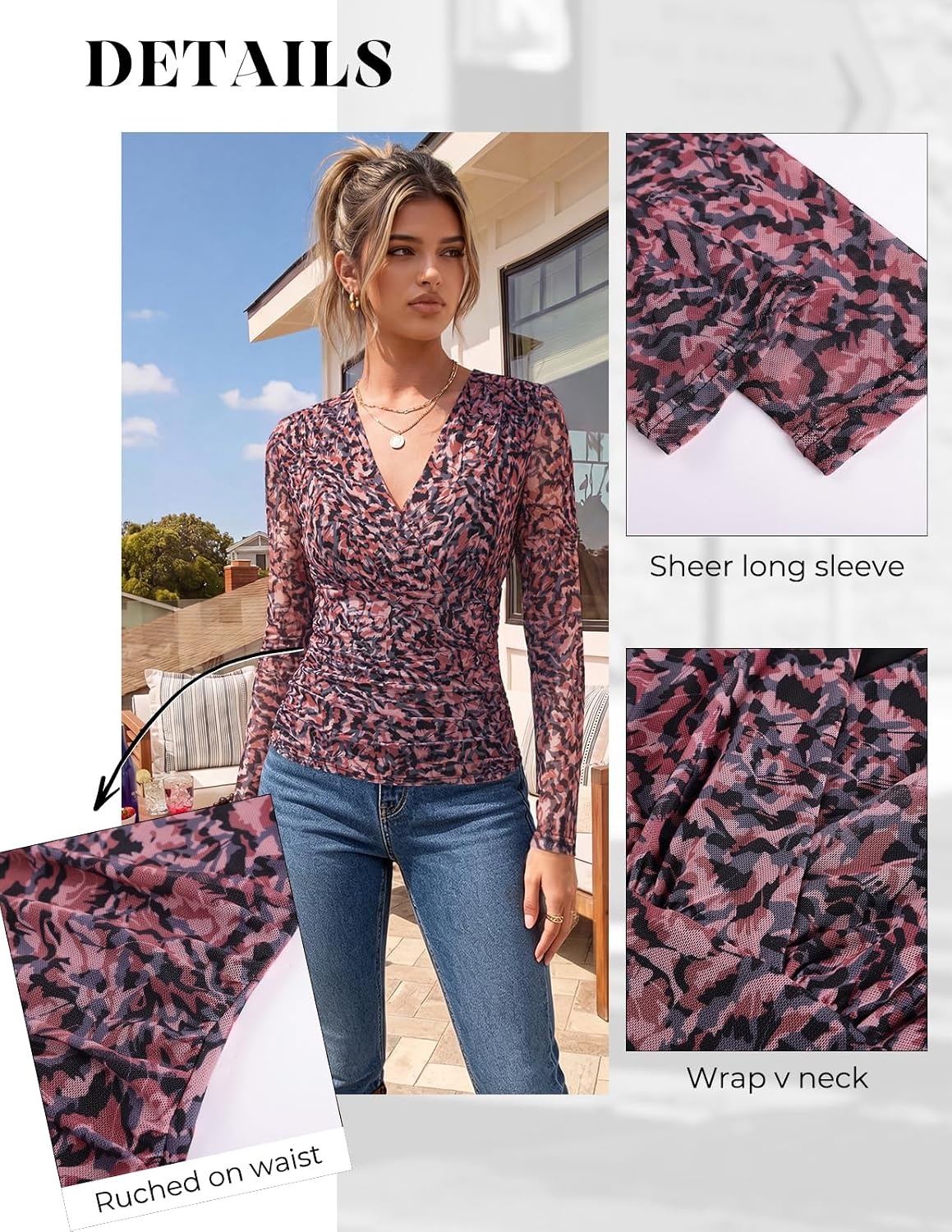 image:imageGRACE KARIN Womens Boho Mesh Tops Long Sleeve Blouses Dressy Casual Wrap V Neck Floral Tops Ruched Waist 2026 Fall Fashion Clothes Elegant Going Out TopsMulti Color