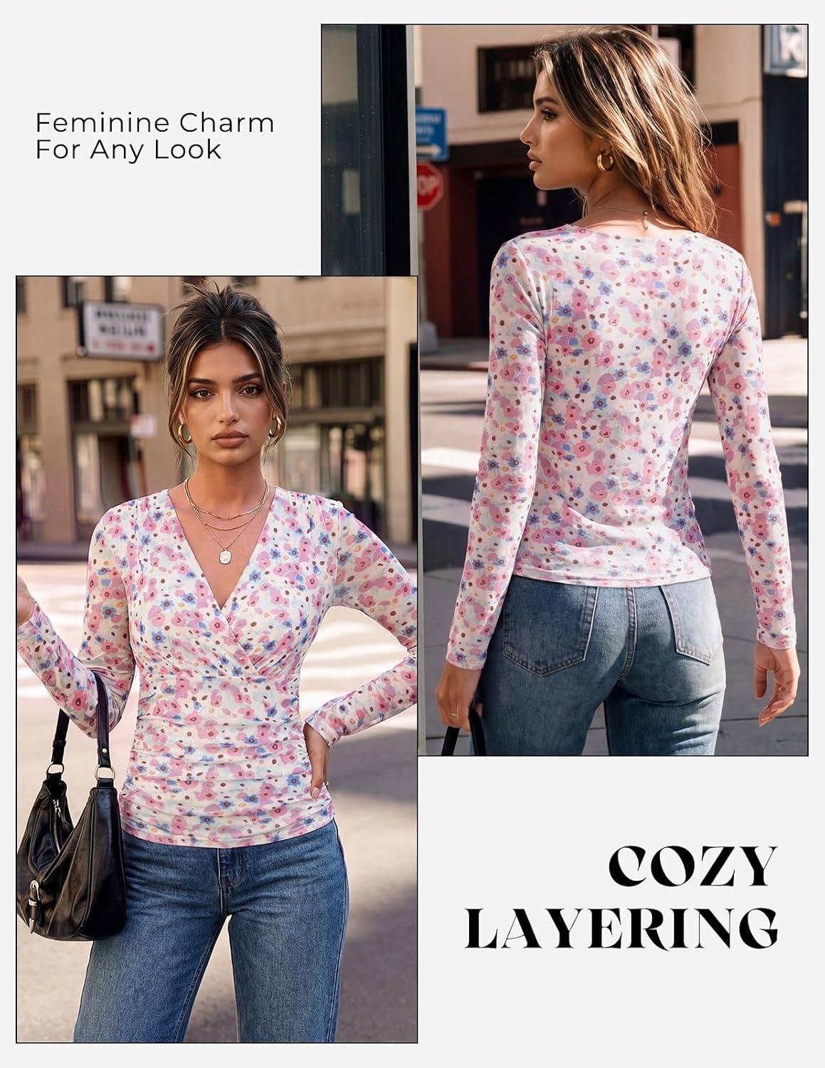 image:imageGRACE KARIN Womens Boho Mesh Tops Long Sleeve Blouses Dressy Casual Wrap V Neck Floral Tops Ruched Waist 2026 Fall Fashion Clothes Elegant Going Out TopsWhite Pink
