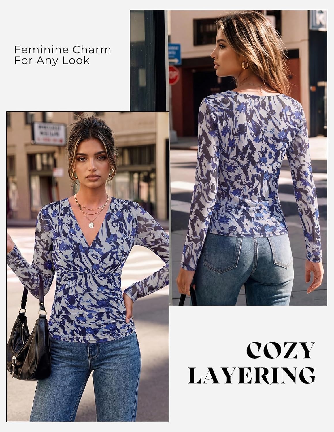image:imageGRACE KARIN Womens Boho Mesh Tops Long Sleeve Blouses Dressy Casual Wrap V Neck Floral Tops Ruched Waist 2026 Fall Fashion Clothes Elegant Going Out TopsNavy