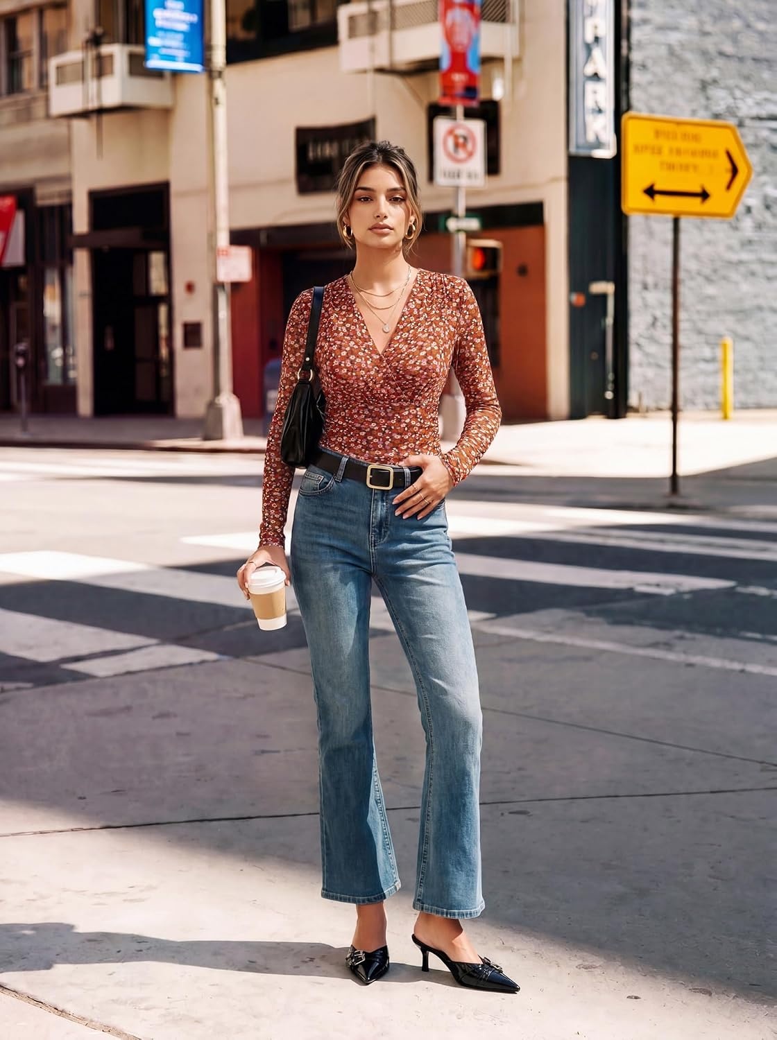 image:imageGRACE KARIN Womens Boho Mesh Tops Long Sleeve Blouses Dressy Casual Wrap V Neck Floral Tops Ruched Waist 2026 Fall Fashion Clothes Elegant Going Out TopsRed Brown