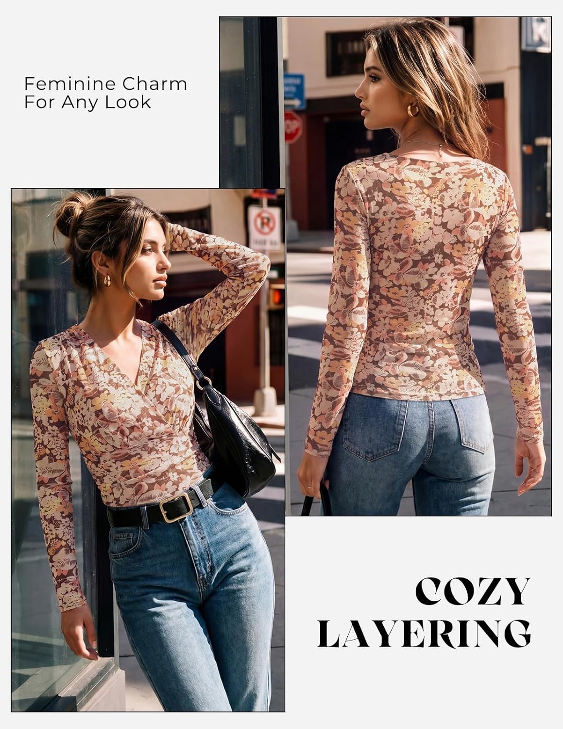 image:imageGRACE KARIN Womens Boho Mesh Tops Long Sleeve Blouses Dressy Casual Wrap V Neck Floral Tops Ruched Waist 2026 Fall Fashion Clothes Elegant Going Out TopsPink Brown