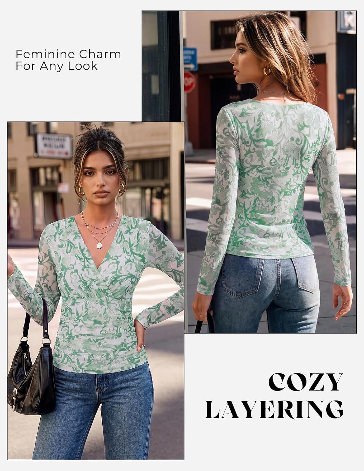 image:imageGRACE KARIN Womens Boho Mesh Tops Long Sleeve Blouses Dressy Casual Wrap V Neck Floral Tops Ruched Waist 2026 Fall Fashion Clothes Elegant Going Out TopsGreen