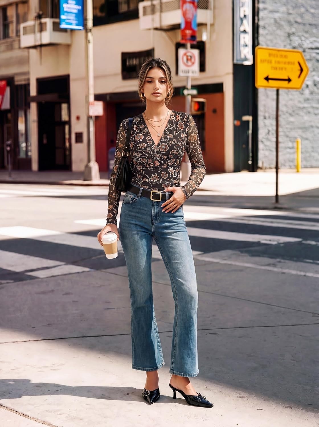 image:imageGRACE KARIN Womens Boho Mesh Tops Long Sleeve Blouses Dressy Casual Wrap V Neck Floral Tops Ruched Waist 2026 Fall Fashion Clothes Elegant Going Out TopsDark Coffee