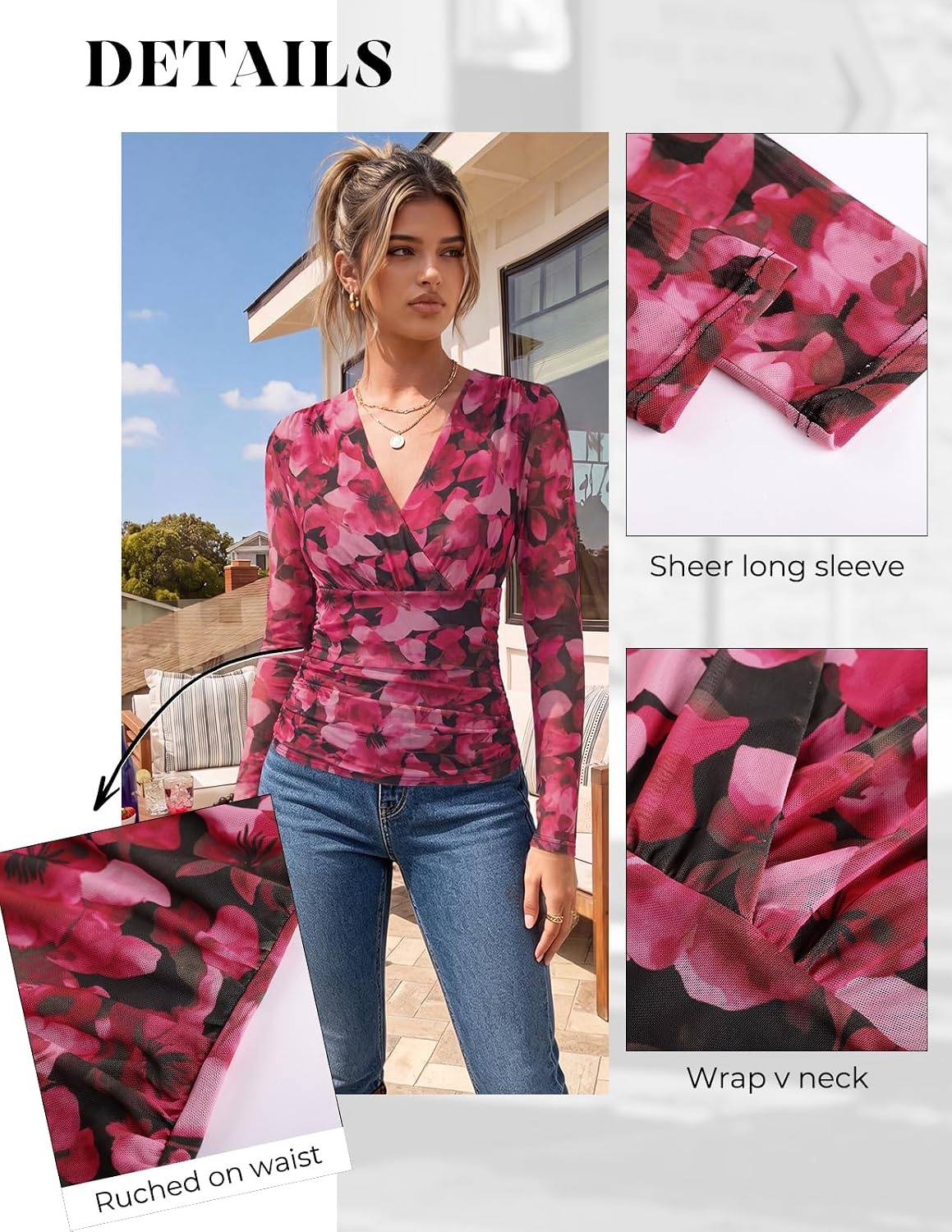 image:imageGRACE KARIN Womens Boho Mesh Tops Long Sleeve Blouses Dressy Casual Wrap V Neck Floral Tops Ruched Waist 2026 Fall Fashion Clothes Elegant Going Out TopsRed Rose