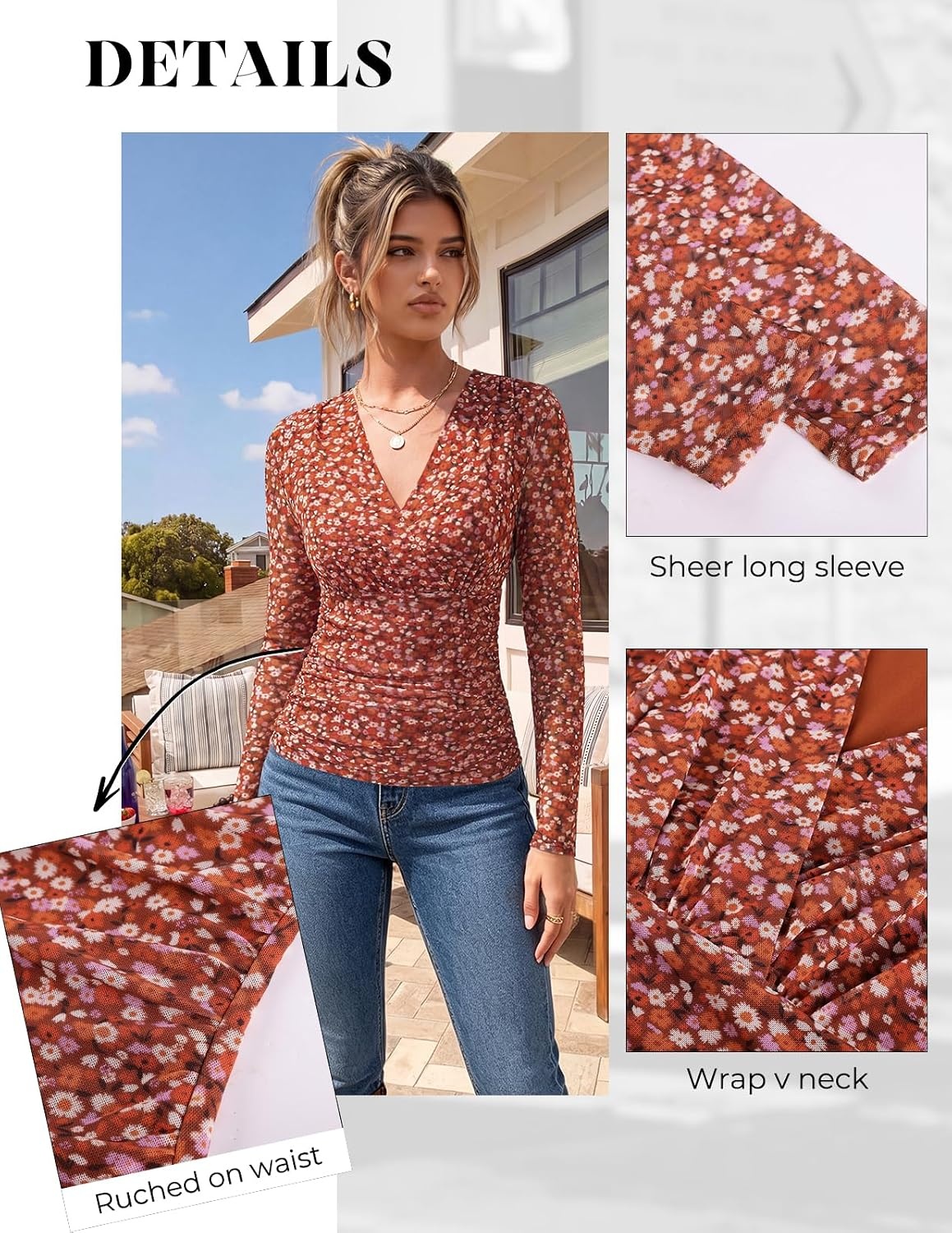 image:imageGRACE KARIN Womens Boho Mesh Tops Long Sleeve Blouses Dressy Casual Wrap V Neck Floral Tops Ruched Waist 2026 Fall Fashion Clothes Elegant Going Out TopsRed Brown