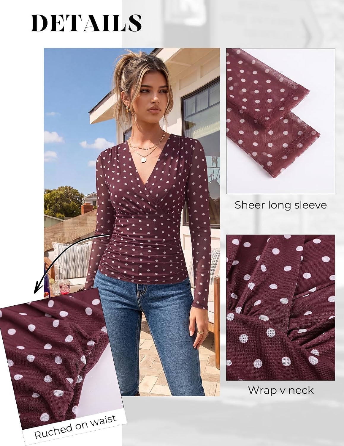 image:imageGRACE KARIN Womens Boho Mesh Tops Long Sleeve Blouses Dressy Casual Wrap V Neck Floral Tops Ruched Waist 2026 Fall Fashion Clothes Elegant Going Out TopsBurgundy