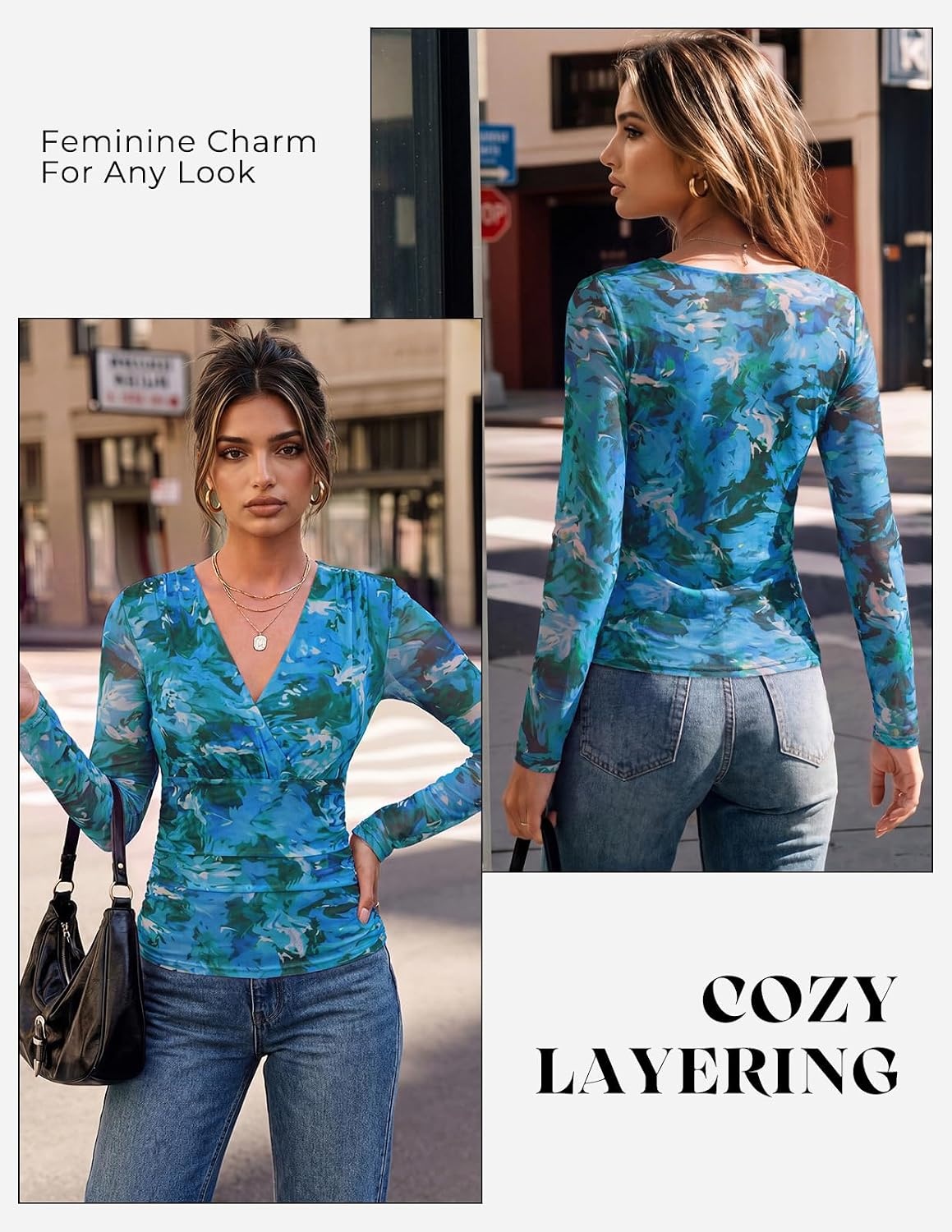 image:imageGRACE KARIN Womens Boho Mesh Tops Long Sleeve Blouses Dressy Casual Wrap V Neck Floral Tops Ruched Waist 2026 Fall Fashion Clothes Elegant Going Out TopsBlue Green