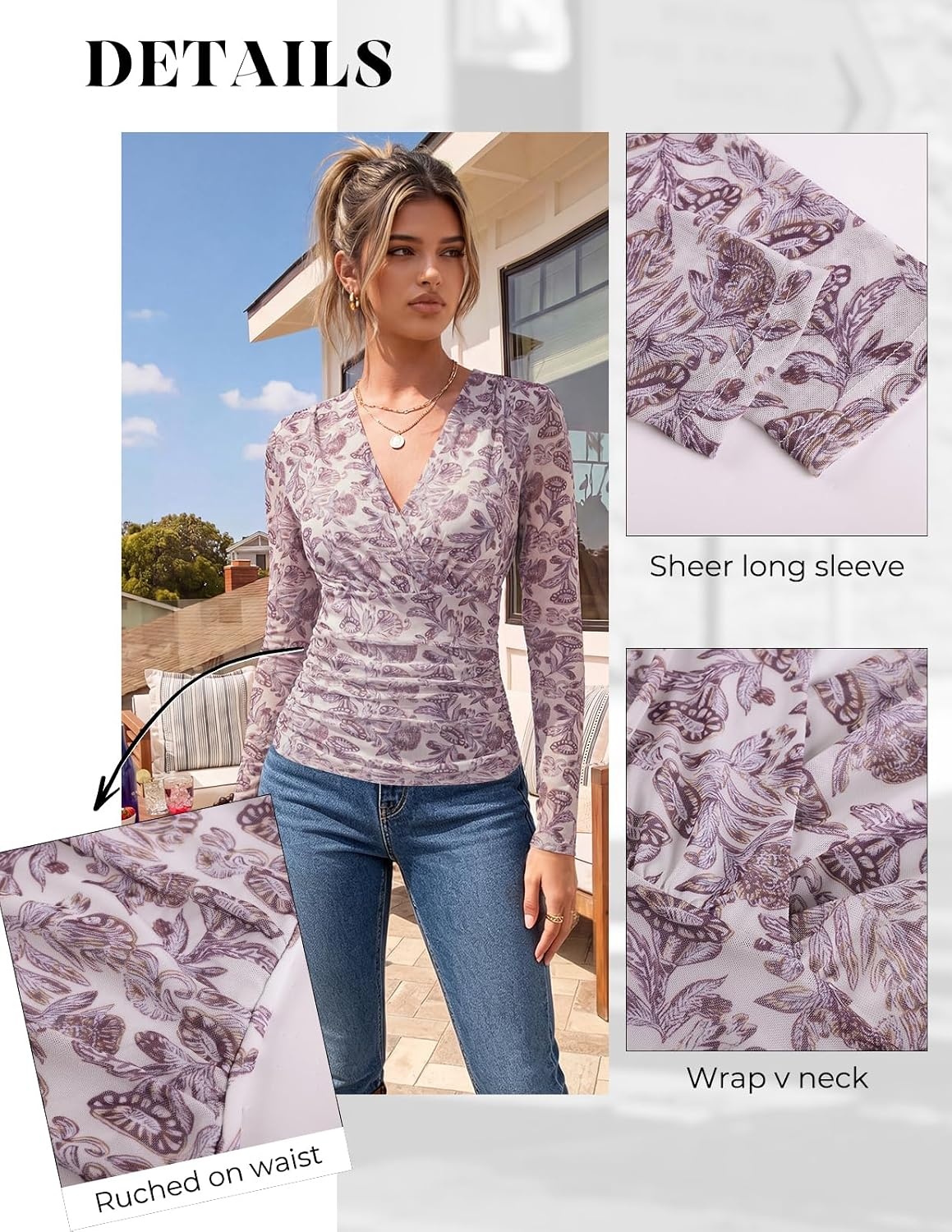 image:imageGRACE KARIN Womens Boho Mesh Tops Long Sleeve Blouses Dressy Casual Wrap V Neck Floral Tops Ruched Waist 2026 Fall Fashion Clothes Elegant Going Out TopsMulti Purple