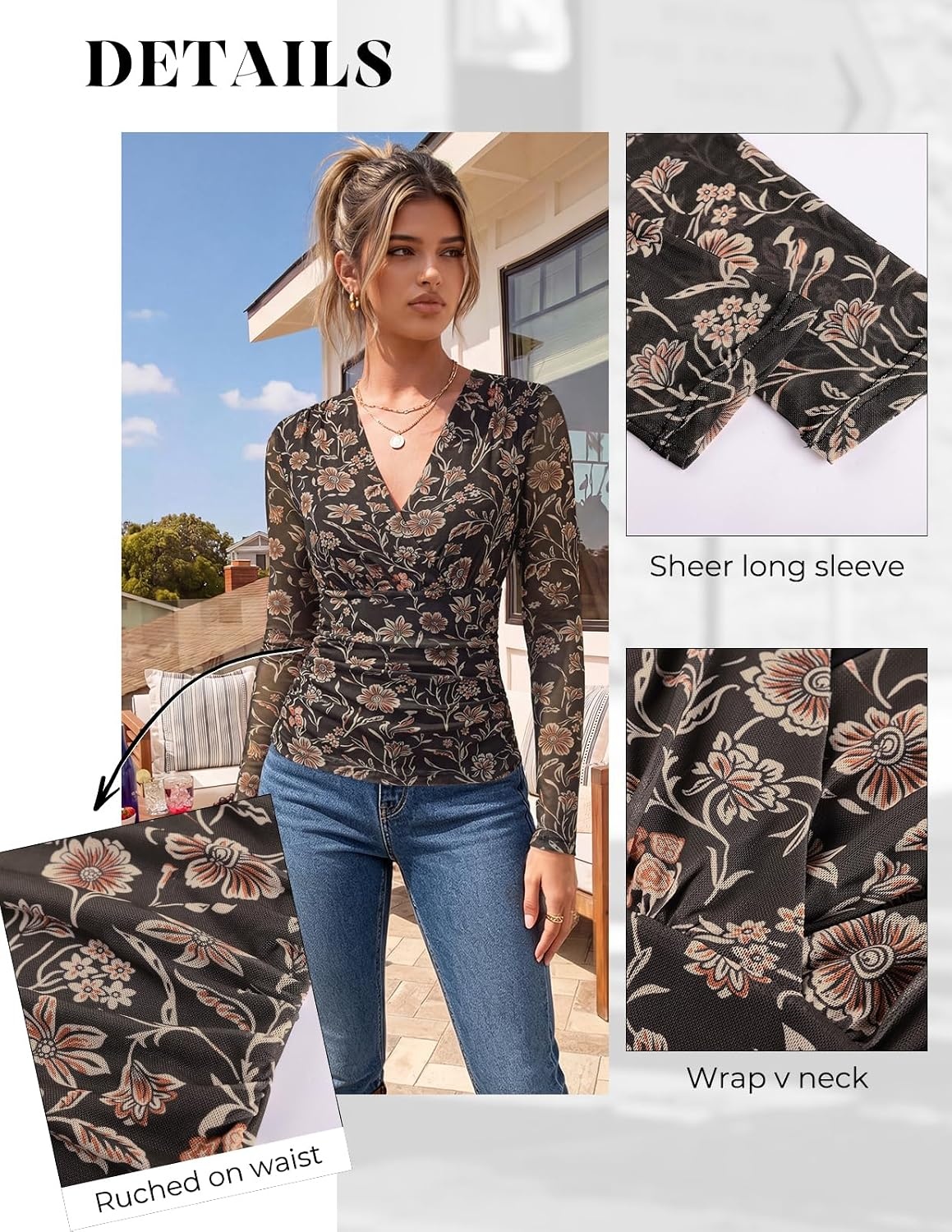 image:imageGRACE KARIN Womens Boho Mesh Tops Long Sleeve Blouses Dressy Casual Wrap V Neck Floral Tops Ruched Waist 2026 Fall Fashion Clothes Elegant Going Out TopsDark Coffee
