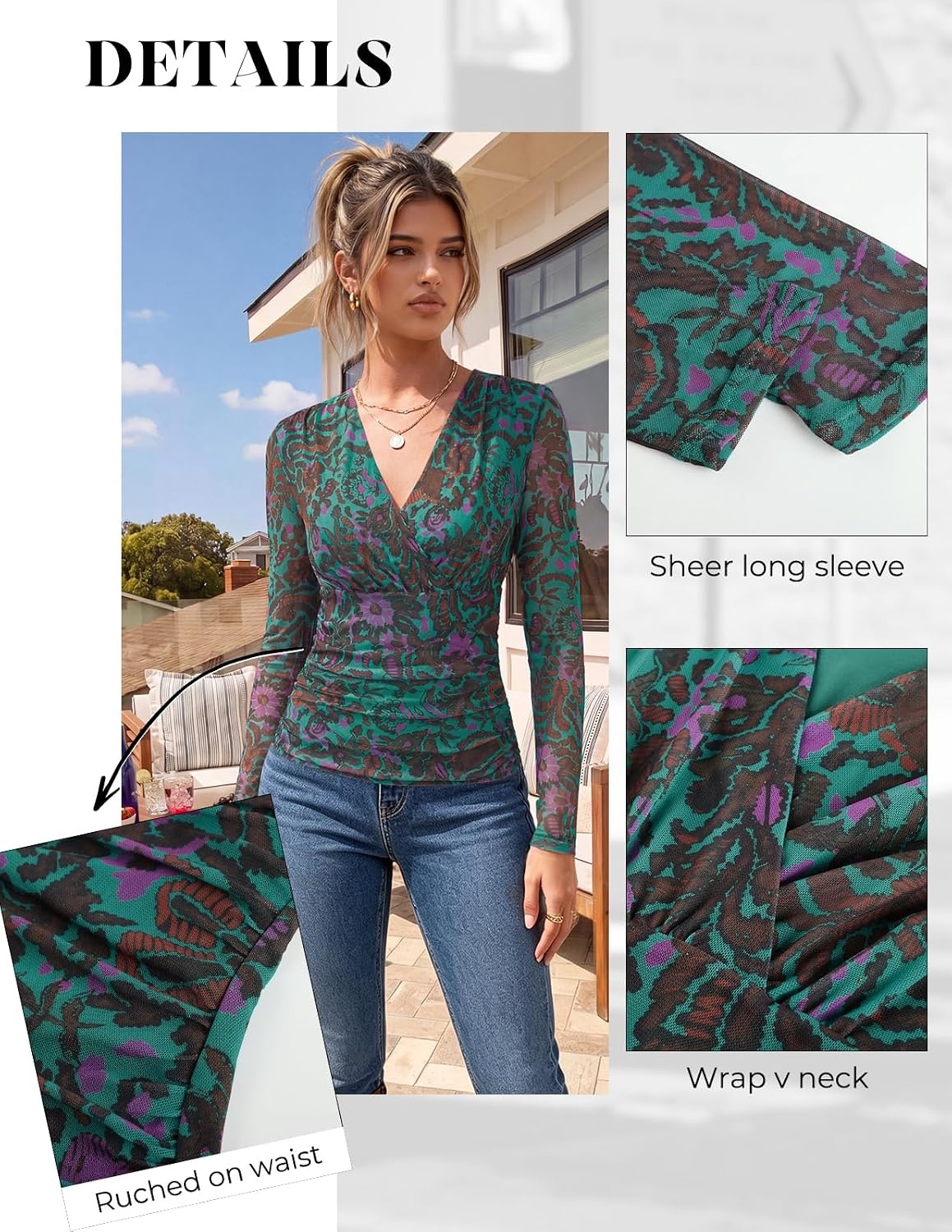image:imageGRACE KARIN Womens Boho Mesh Tops Long Sleeve Blouses Dressy Casual Wrap V Neck Floral Tops Ruched Waist 2026 Fall Fashion Clothes Elegant Going Out TopsDark Green