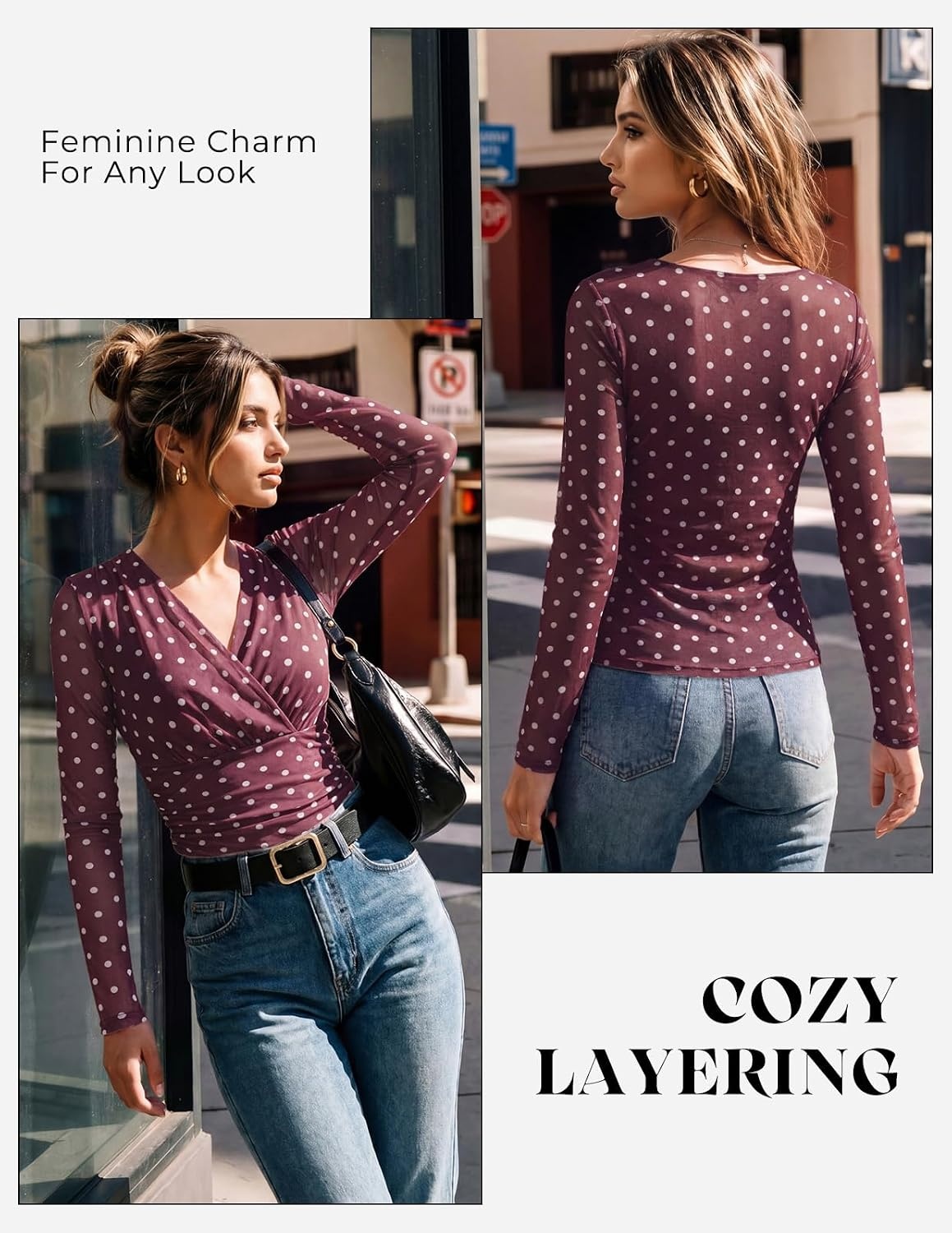 image:imageGRACE KARIN Womens Boho Mesh Tops Long Sleeve Blouses Dressy Casual Wrap V Neck Floral Tops Ruched Waist 2026 Fall Fashion Clothes Elegant Going Out TopsBurgundy