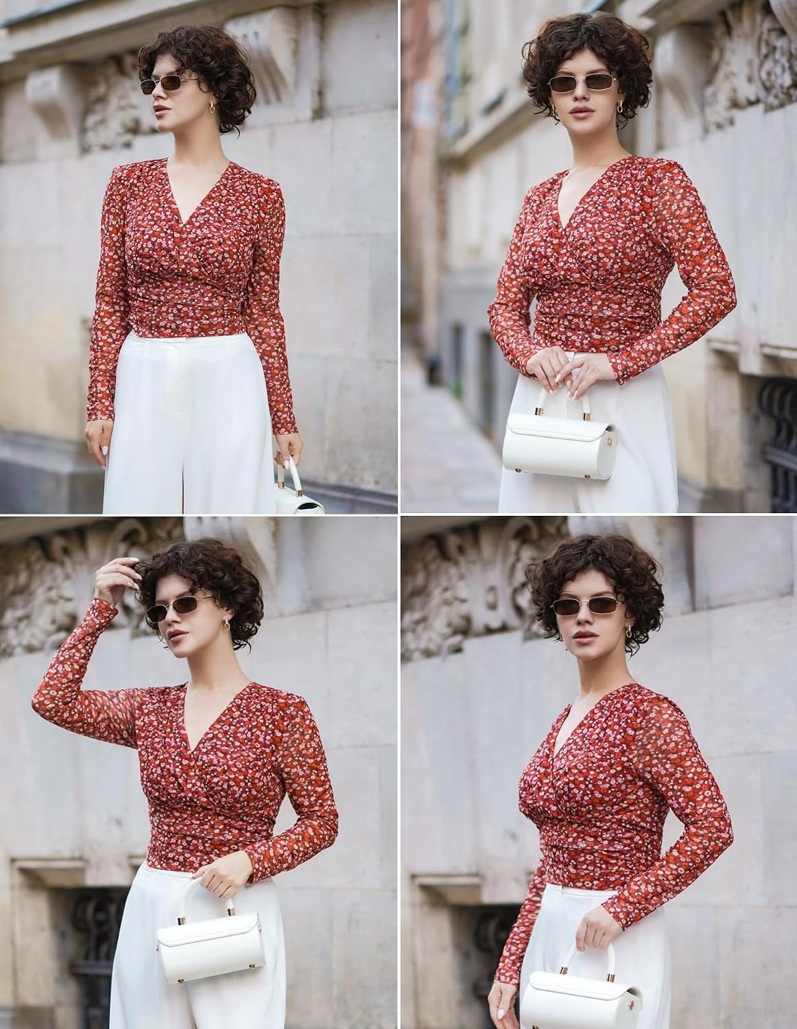 image:imageGRACE KARIN Womens Boho Mesh Tops Long Sleeve Blouses Dressy Casual Wrap V Neck Floral Tops Ruched Waist 2026 Fall Fashion Clothes Elegant Going Out TopsRed Brown