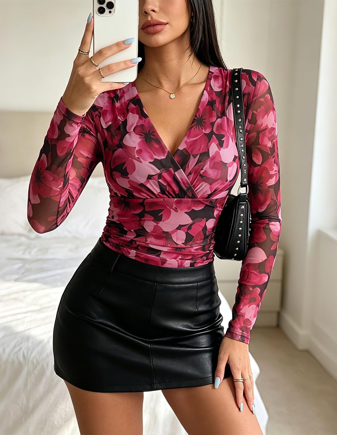 image:imageGRACE KARIN Womens Boho Mesh Tops Long Sleeve Blouses Dressy Casual Wrap V Neck Floral Tops Ruched Waist 2026 Fall Fashion Clothes Elegant Going Out TopsRed Rose