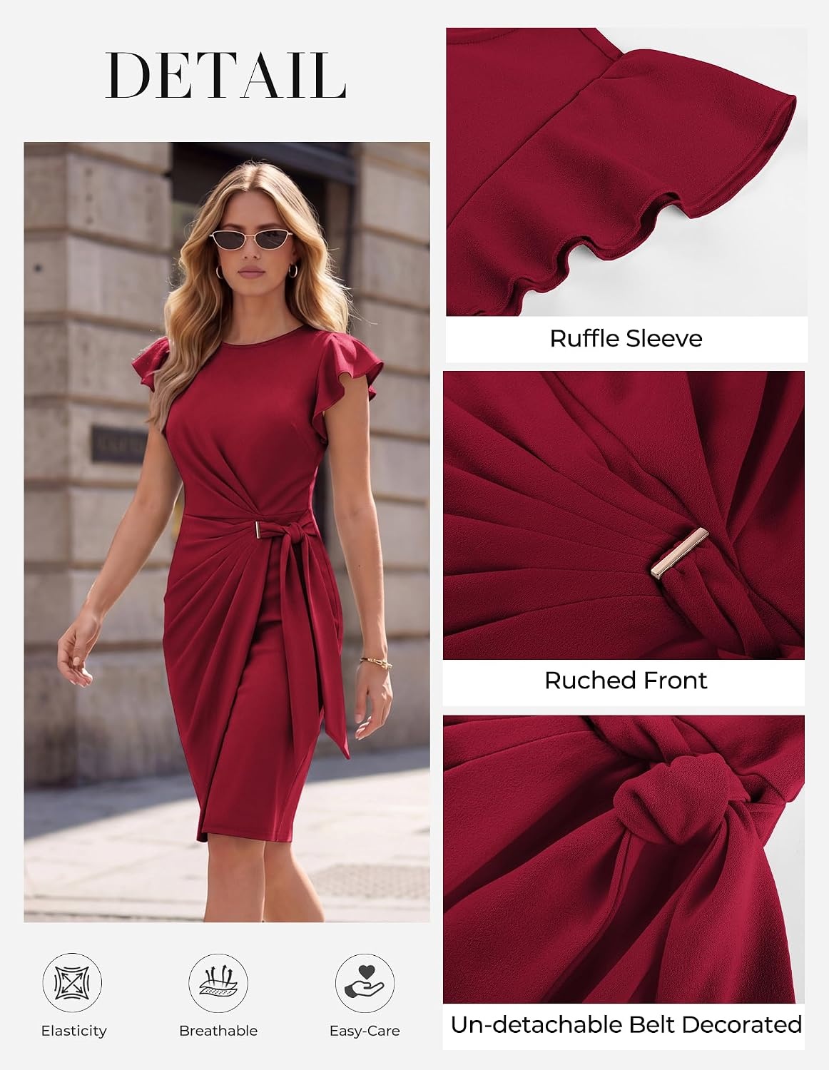 image:imageGRACE KARIN Womens Business Casual Midi Dress Church Work Bodycon Dresses Ruched Waist Ruffle Sleeve Lightweight KneeLength Stretchy WrinkleResistant Elegant for Graduation Teacher FuneralDark Red