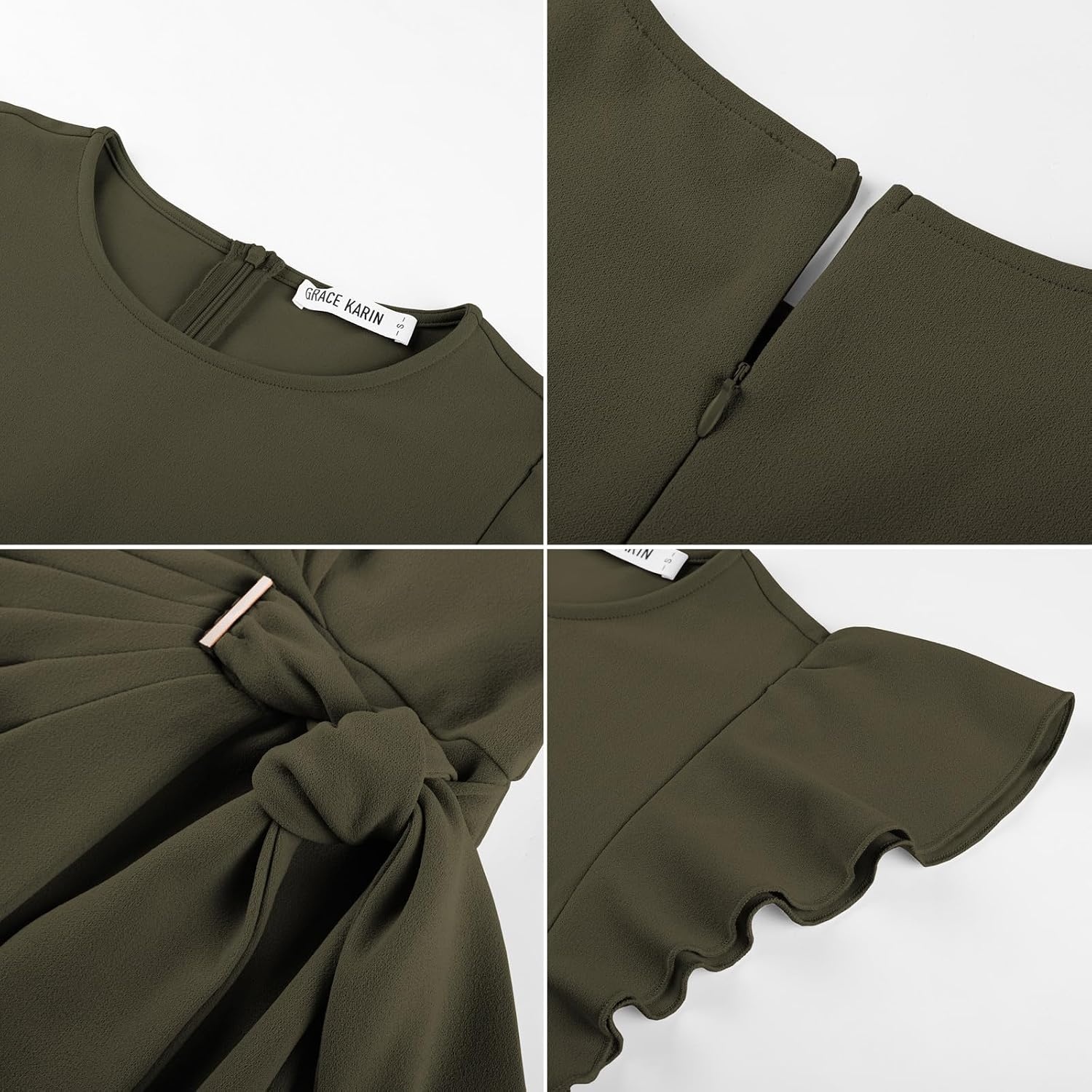 image:imageGRACE KARIN Womens Business Casual Midi Dress Church Work Bodycon Dresses Ruched Waist Ruffle Sleeve Lightweight KneeLength Stretchy WrinkleResistant Elegant for Graduation Teacher FuneralArmy Green