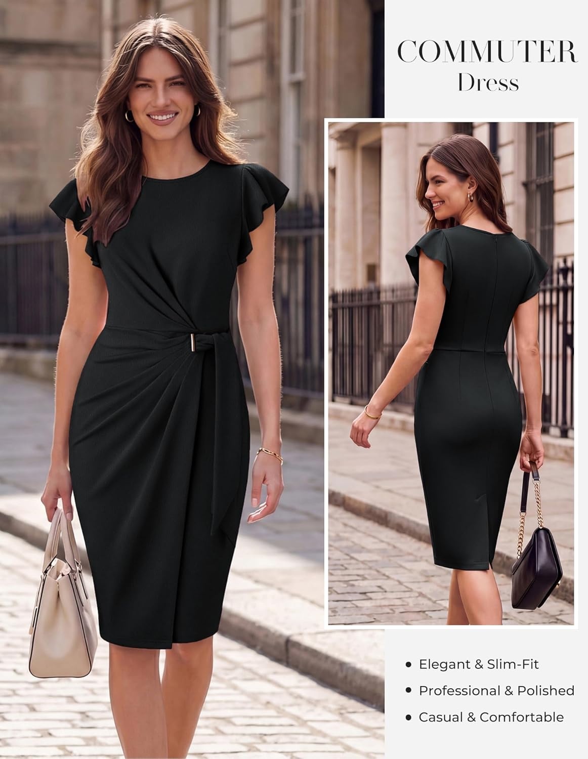 image:imageGRACE KARIN Womens Business Casual Midi Dress Church Work Bodycon Dresses Ruched Waist Ruffle Sleeve Lightweight KneeLength Stretchy WrinkleResistant Elegant for Graduation Teacher FuneralBlack