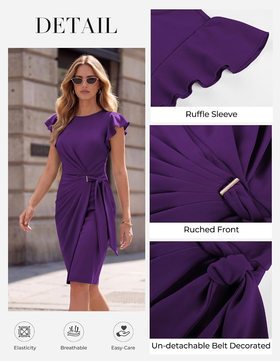 image:imageGRACE KARIN Womens Business Casual Midi Dress Church Work Bodycon Dresses Ruched Waist Ruffle Sleeve Lightweight KneeLength Stretchy WrinkleResistant Elegant for Graduation Teacher FuneralDeep Purple