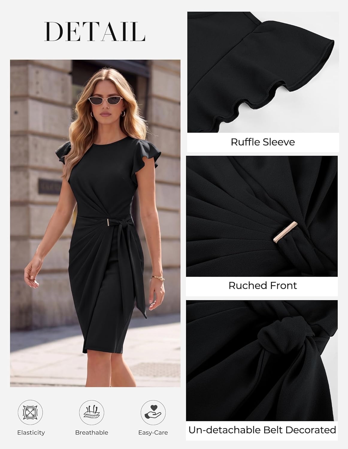image:imageGRACE KARIN Womens Business Casual Midi Dress Church Work Bodycon Dresses Ruched Waist Ruffle Sleeve Lightweight KneeLength Stretchy WrinkleResistant Elegant for Graduation Teacher FuneralBlack