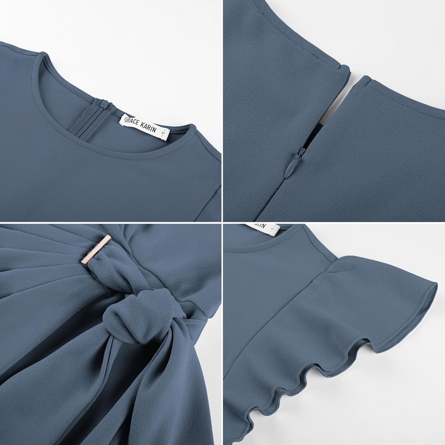 image:imageGRACE KARIN Womens Business Casual Midi Dress Church Work Bodycon Dresses Ruched Waist Ruffle Sleeve Lightweight KneeLength Stretchy WrinkleResistant Elegant for Graduation Teacher FuneralGray Blue