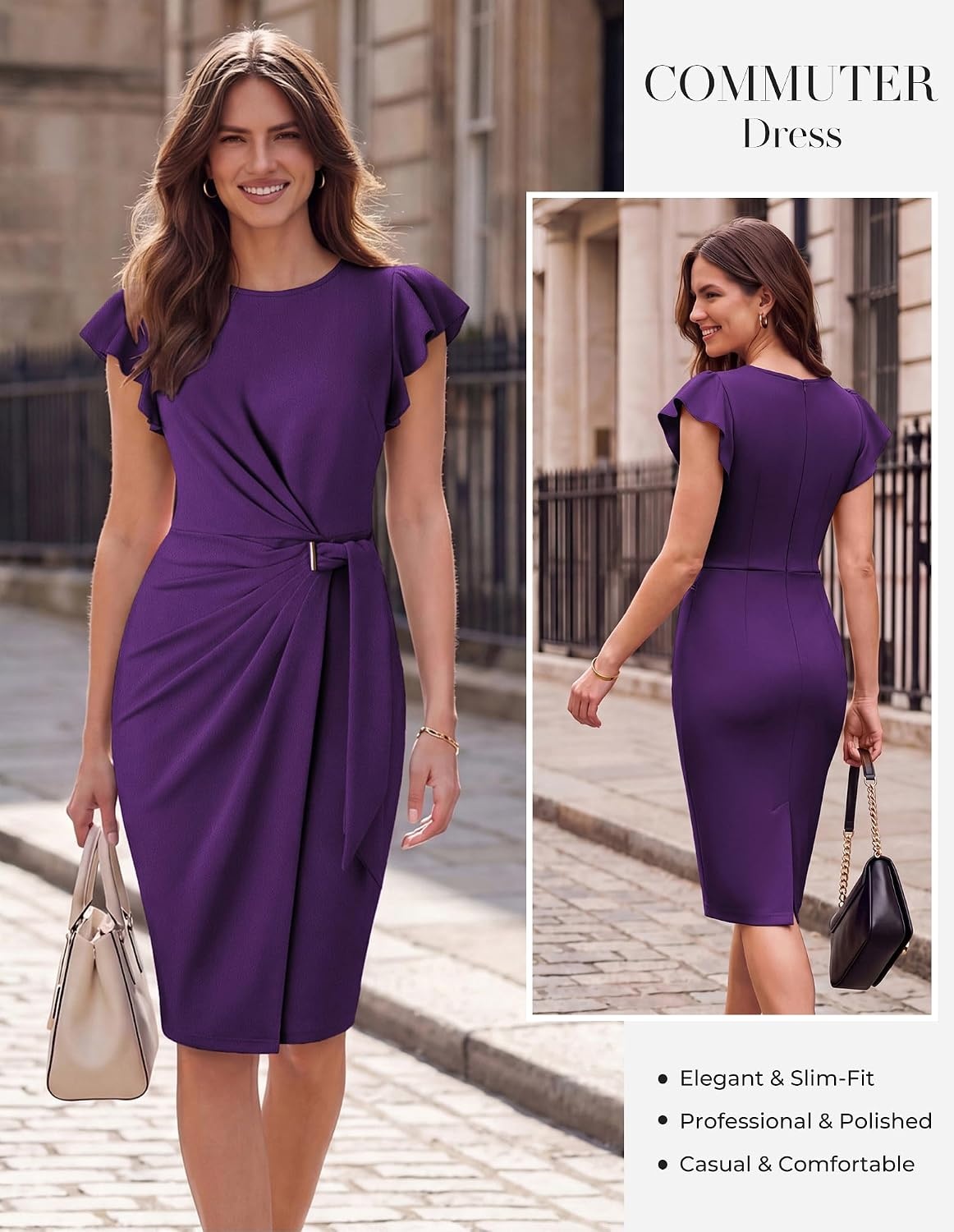 image:imageGRACE KARIN Womens Business Casual Midi Dress Church Work Bodycon Dresses Ruched Waist Ruffle Sleeve Lightweight KneeLength Stretchy WrinkleResistant Elegant for Graduation Teacher FuneralDeep Purple