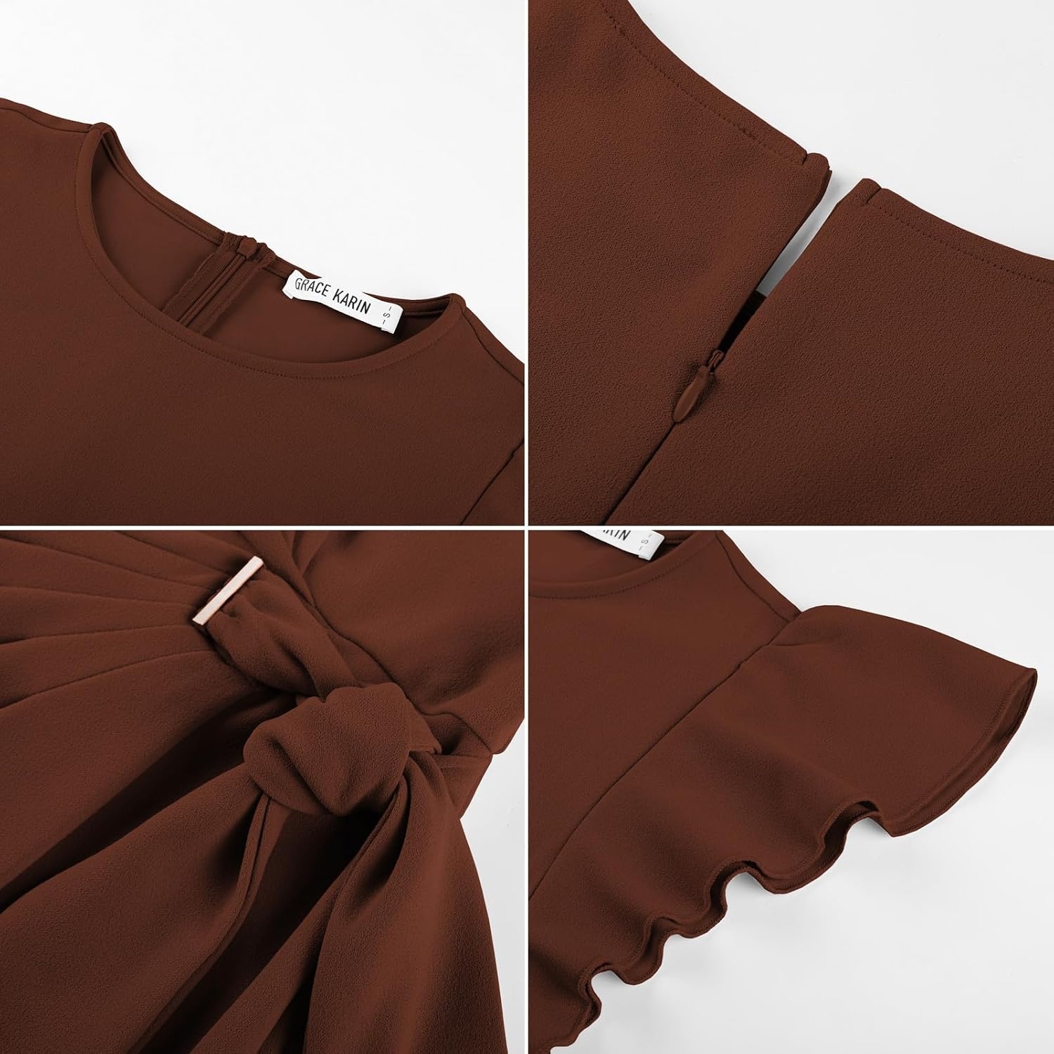 image:imageGRACE KARIN Womens Business Casual Midi Dress Church Work Bodycon Dresses Ruched Waist Ruffle Sleeve Lightweight KneeLength Stretchy WrinkleResistant Elegant for Graduation Teacher FuneralBrown